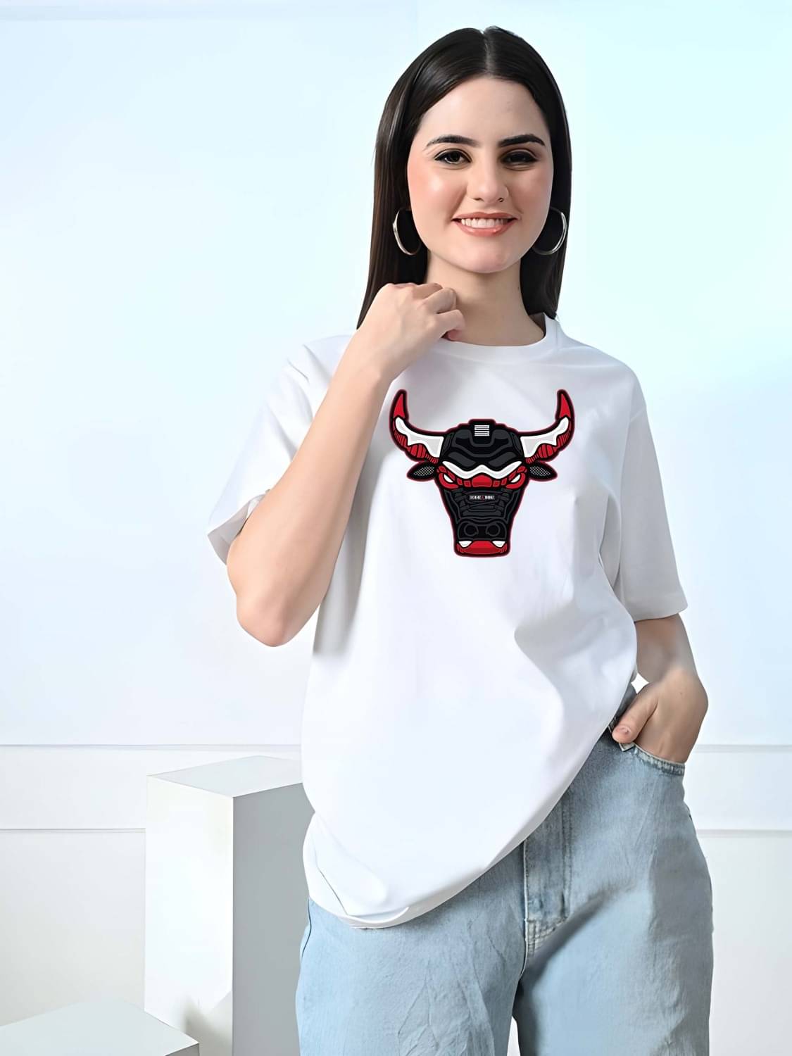 Kaido Women Cotton Self Design Oversized Fit Round Neck T-Shirt ( White ) Kaido Women Cotton Self Design Oversized Fit Round Neck T-Shirt ( White )