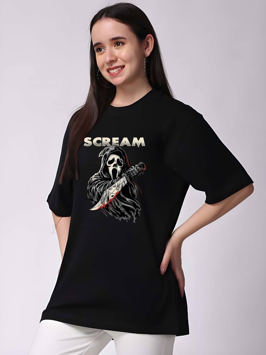     			Kaido Women Cotton Self Design Oversized Fit Round Neck T-Shirt ( Black )