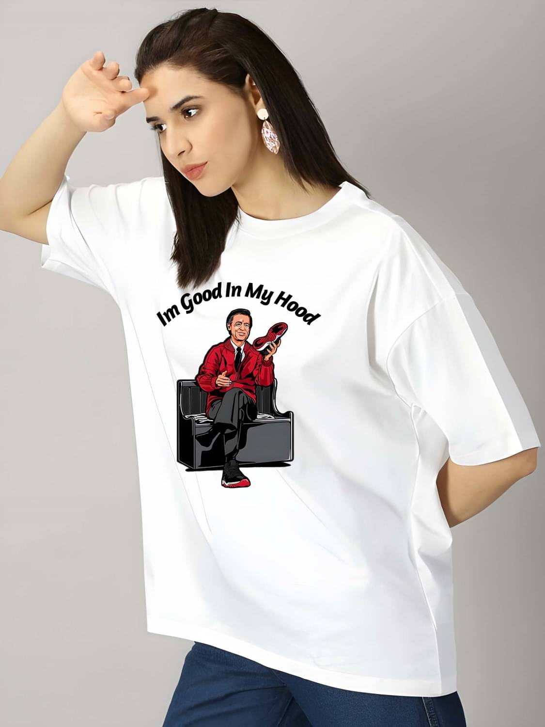 Kaido Women Cotton Self Design Oversized Fit Round Neck T-Shirt ( White ) Kaido Women Cotton Self Design Oversized Fit Round Neck T-Shirt ( White )