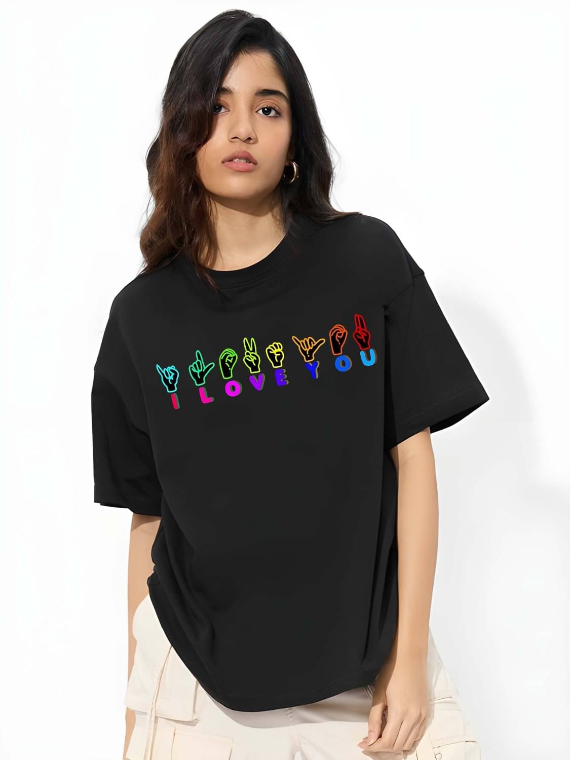 Kaido Women Cotton Self Design Oversized Fit Round Neck T-Shirt ( Black ) Kaido Women Cotton Self Design Oversized Fit Round Neck T-Shirt ( Black )