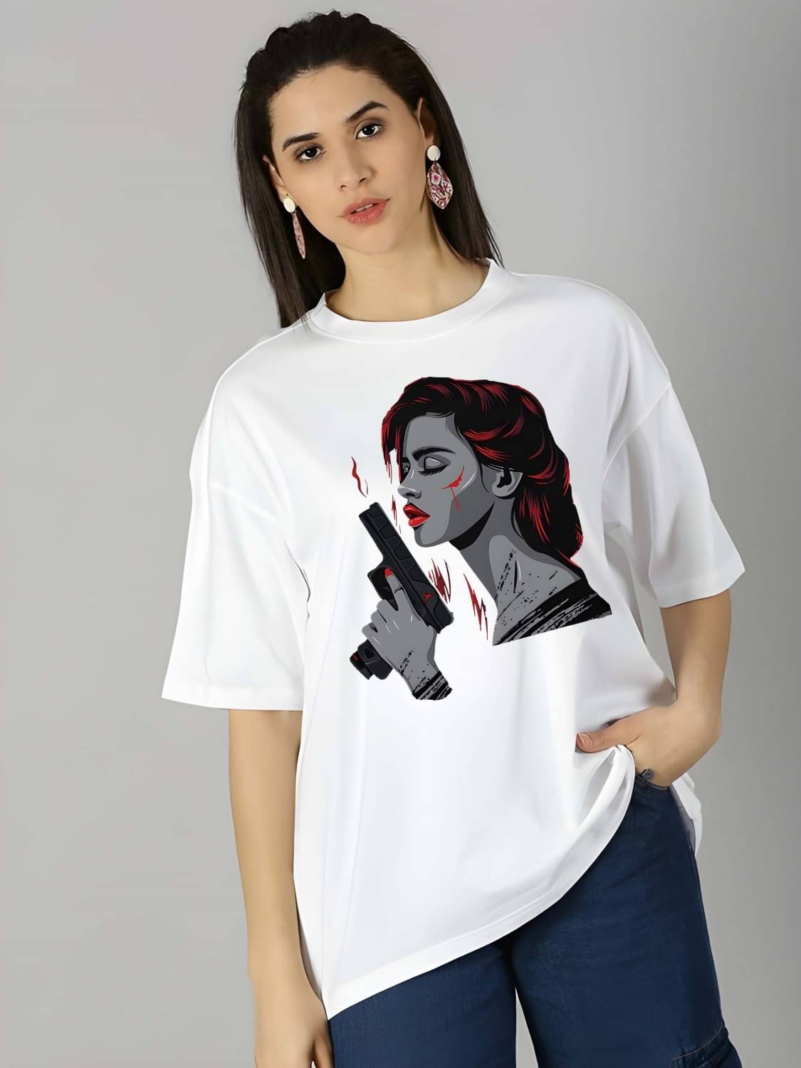     			Kaido Women Cotton Self Design Oversized Fit Round Neck T-Shirt ( White )