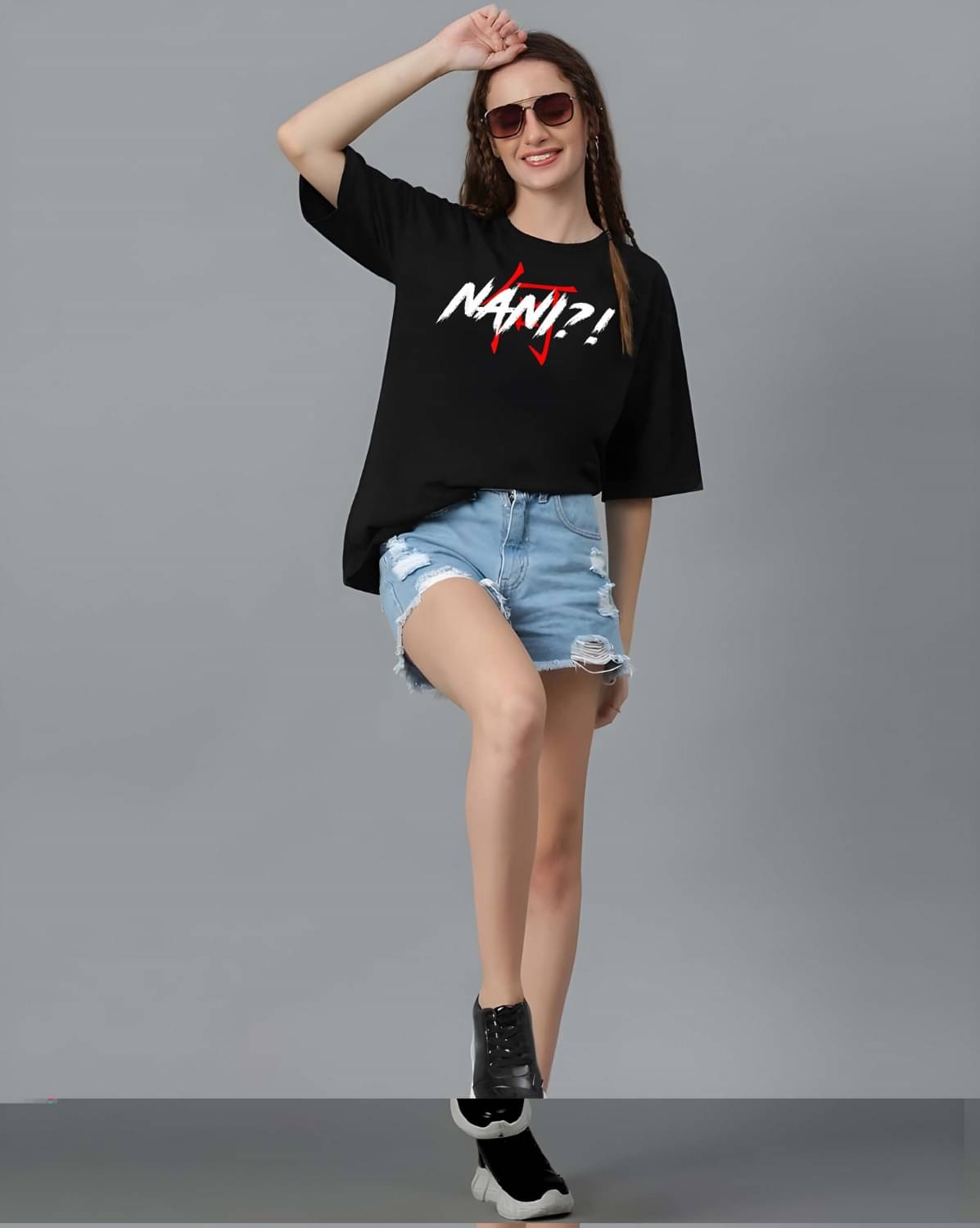 Kaido Women Cotton Self Design Oversized Fit Round Neck T-Shirt ( Black ) Kaido Women Cotton Self Design Oversized Fit Round Neck T-Shirt ( Black )
