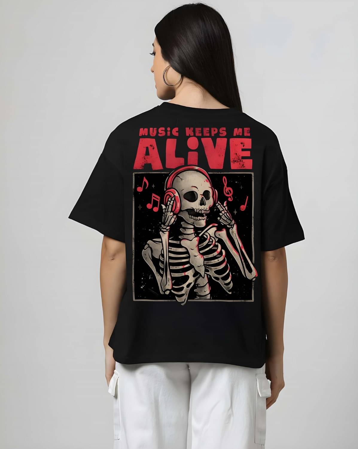     			Kaido Women Cotton Self Design Oversized Fit Round Neck T-Shirt ( Black )