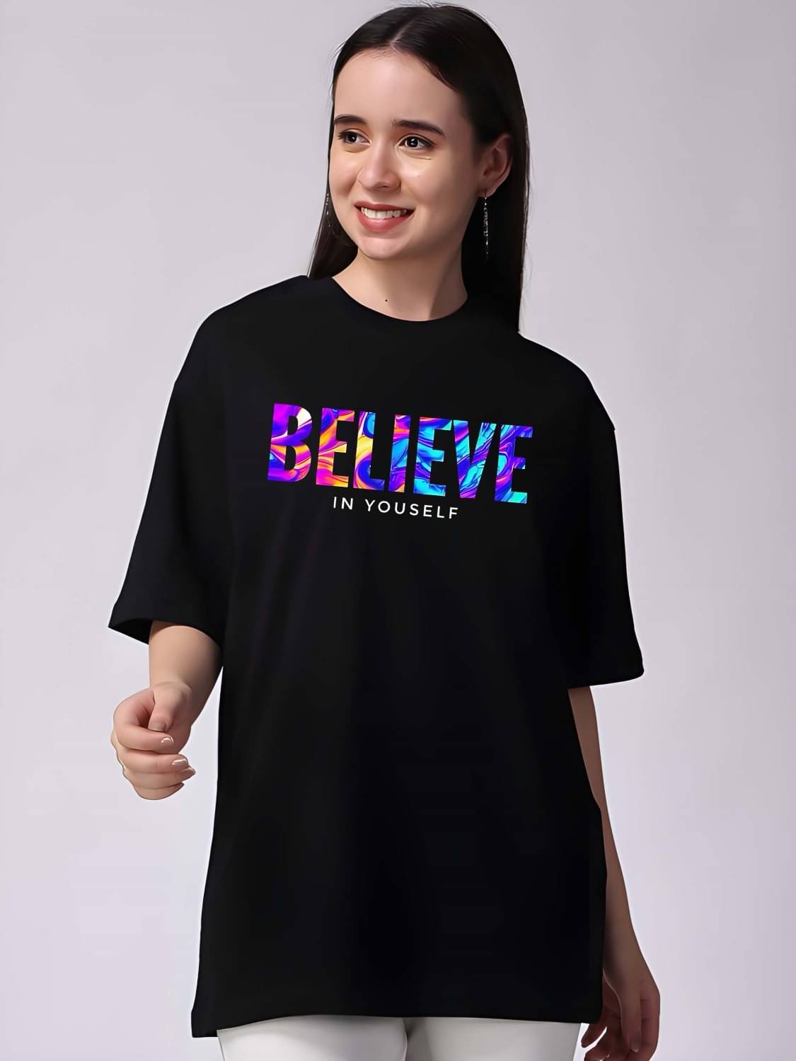 Kaido Women Cotton Self Design Oversized Fit Round Neck T-Shirt ( Black )     			Kaido Women Cotton Self Design Oversized Fit Round Neck T-Shirt ( Black )