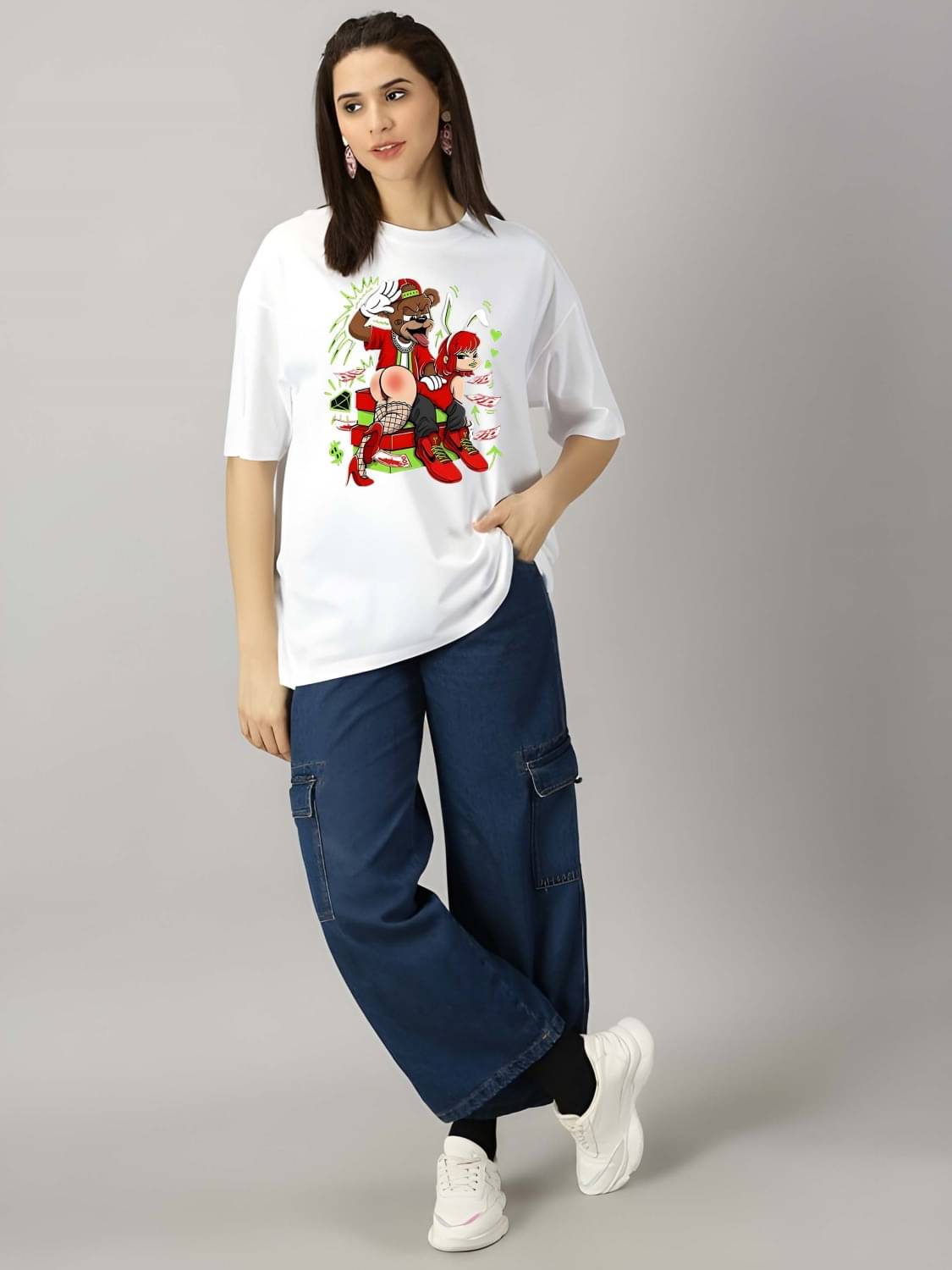 Kaido Women Cotton Self Design Oversized Fit Round Neck T-Shirt ( White ) Kaido Women Cotton Self Design Oversized Fit Round Neck T-Shirt ( White )