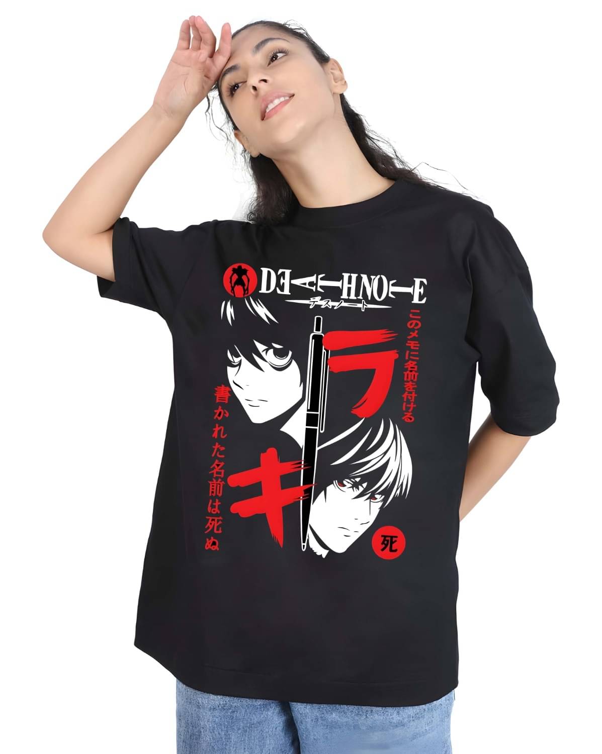    			Kaido Women Cotton Self Design Oversized Fit Round Neck T-Shirt ( Black )