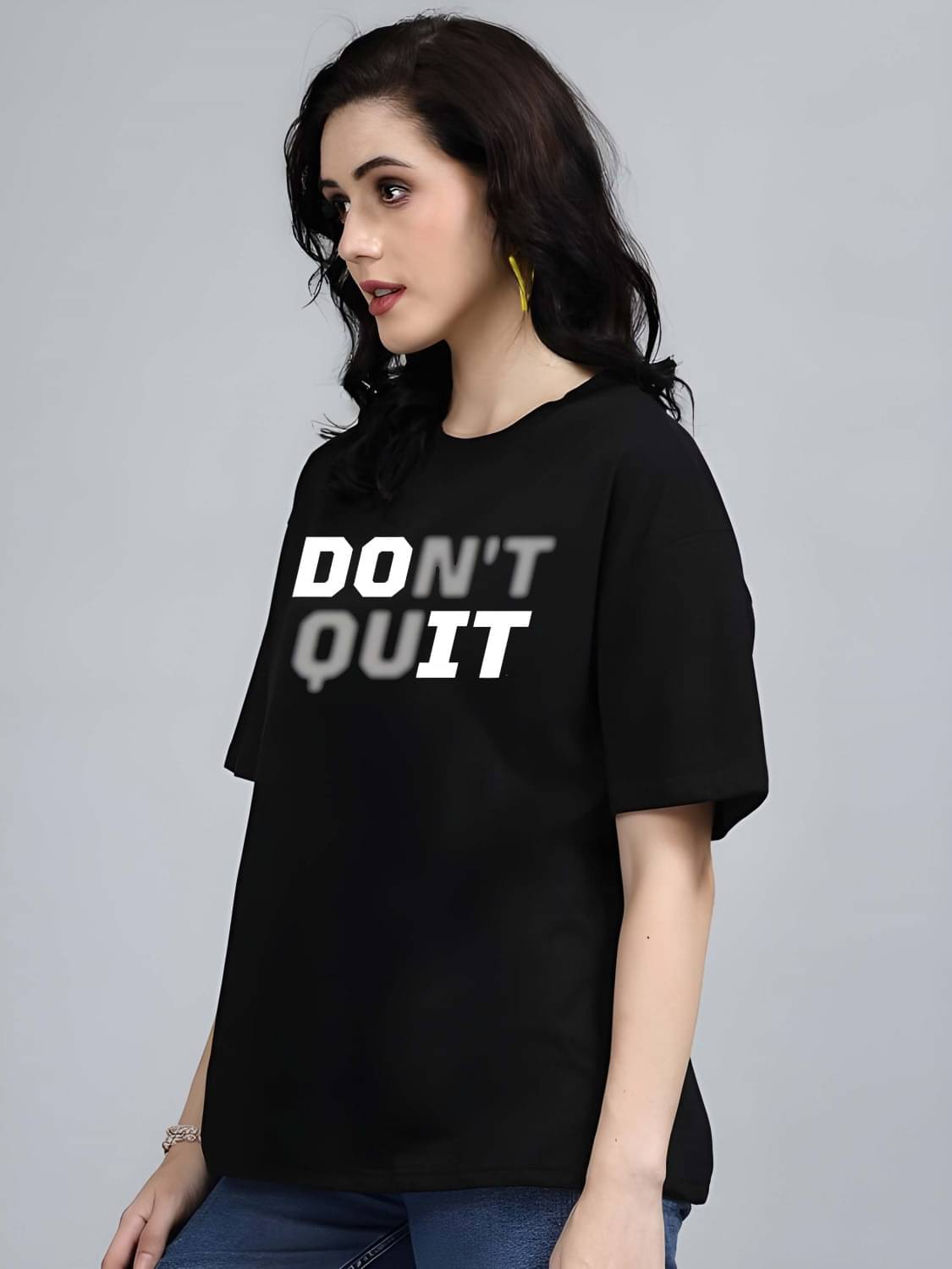     			Kaido Women Cotton Self Design Oversized Fit Round Neck T-Shirt ( Black )