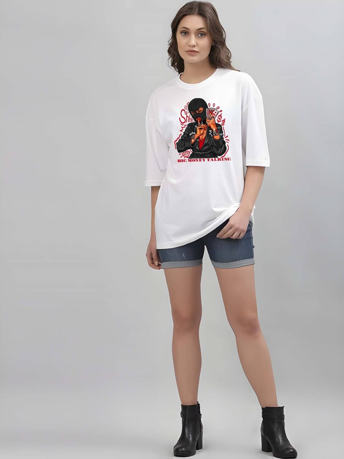 Kaido Women Cotton Self Design Oversized Fit Round Neck T-Shirt ( White )     			Kaido Women Cotton Self Design Oversized Fit Round Neck T-Shirt ( White )