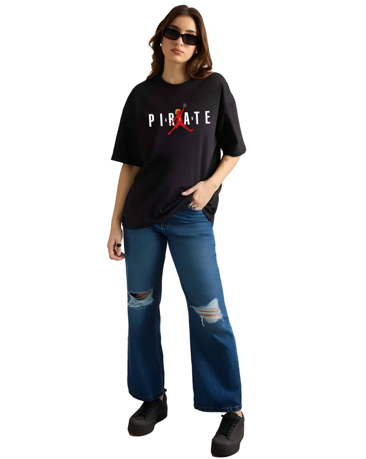 Kaido Women Cotton Self Design Oversized Fit Round Neck T-Shirt ( Black ) Kaido Women Cotton Self Design Oversized Fit Round Neck T-Shirt ( Black )