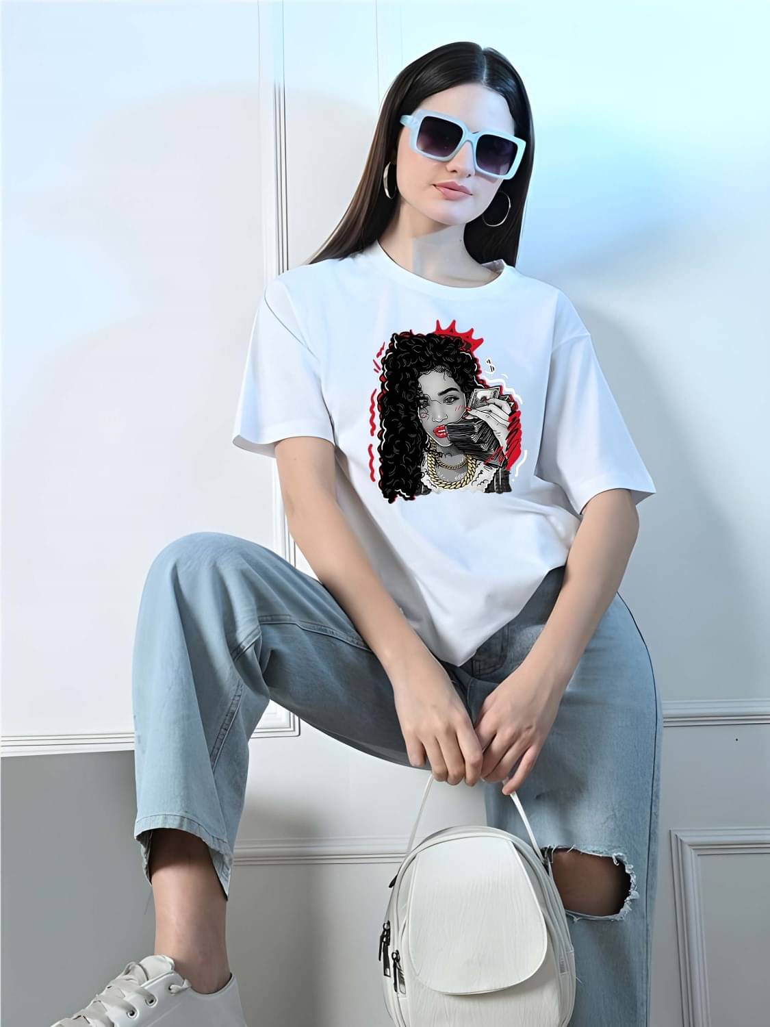 Kaido Women Cotton Self Design Oversized Fit Round Neck T-Shirt ( White )     			Kaido Women Cotton Self Design Oversized Fit Round Neck T-Shirt ( White )