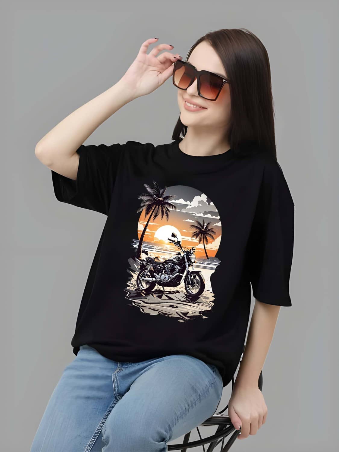 Kaido Women Cotton Self Design Oversized Fit Round Neck T-Shirt ( Black )