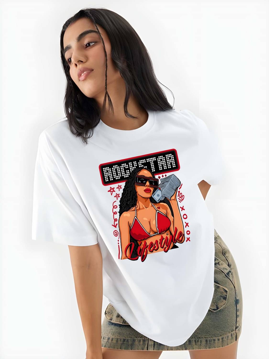    			Kaido Women Cotton Self Design Oversized Fit Round Neck T-Shirt ( White )