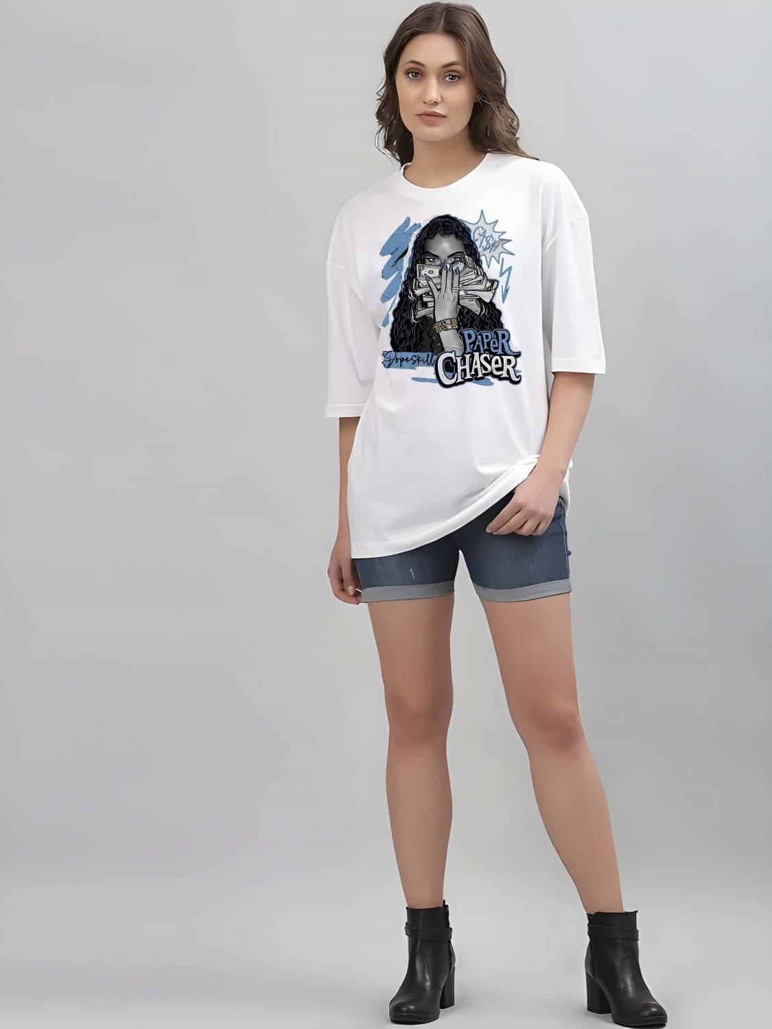 Kaido Women Cotton Self Design Oversized Fit Round Neck T-Shirt ( White )     			Kaido Women Cotton Self Design Oversized Fit Round Neck T-Shirt ( White )