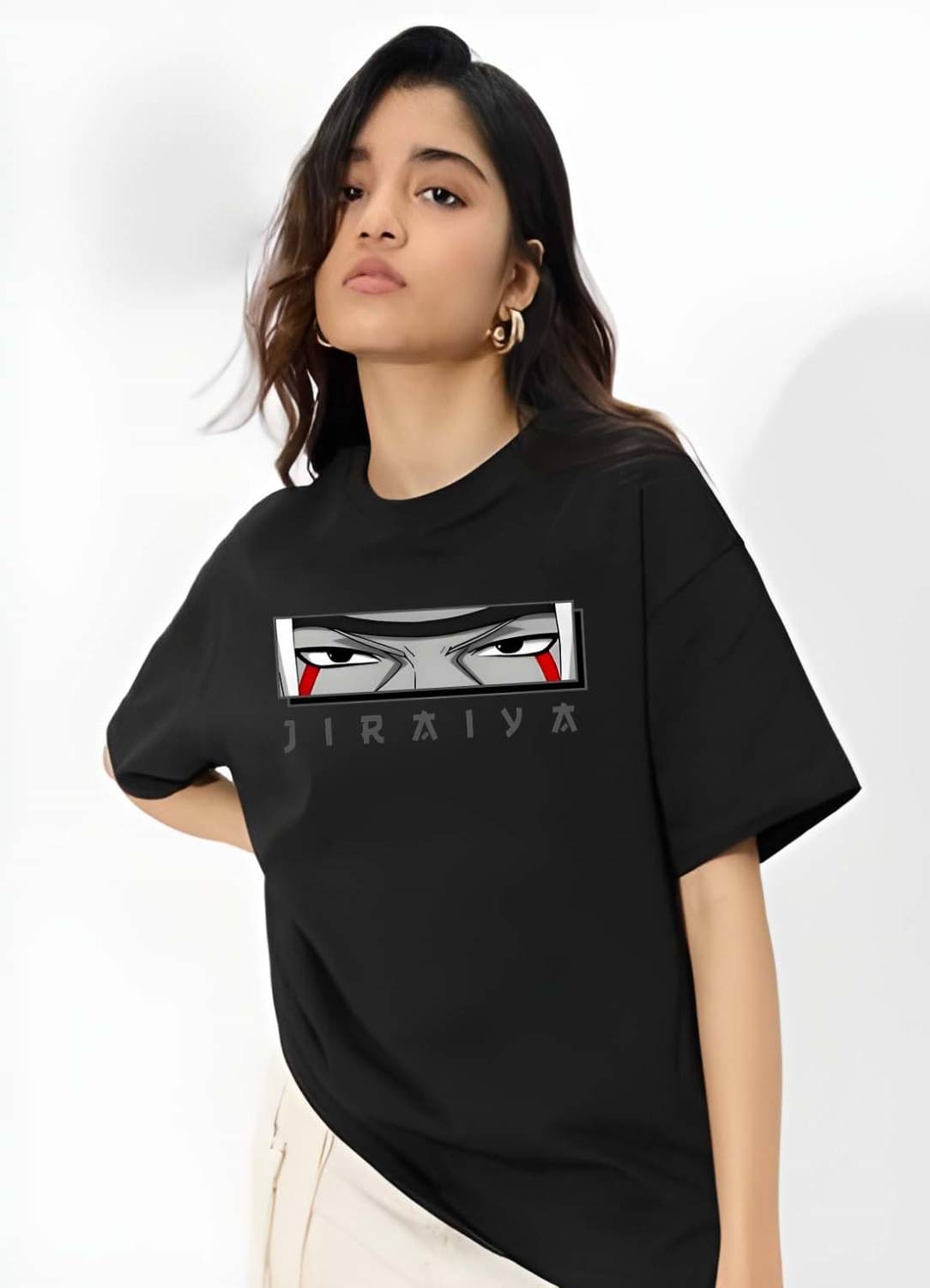 Kaido Women Cotton Self Design Oversized Fit Round Neck T-Shirt ( Black ) Kaido Women Cotton Self Design Oversized Fit Round Neck T-Shirt ( Black )