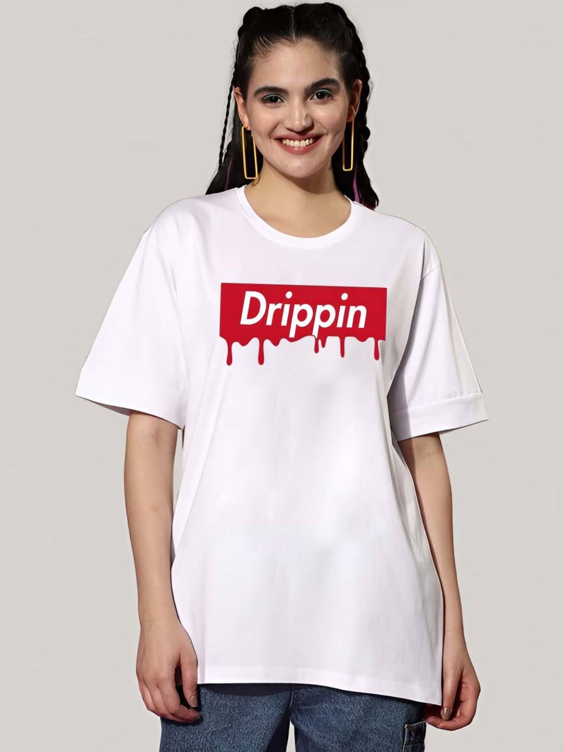 Kaido Women Cotton Self Design Oversized Fit Round Neck T-Shirt ( White ) Kaido Women Cotton Self Design Oversized Fit Round Neck T-Shirt ( White )