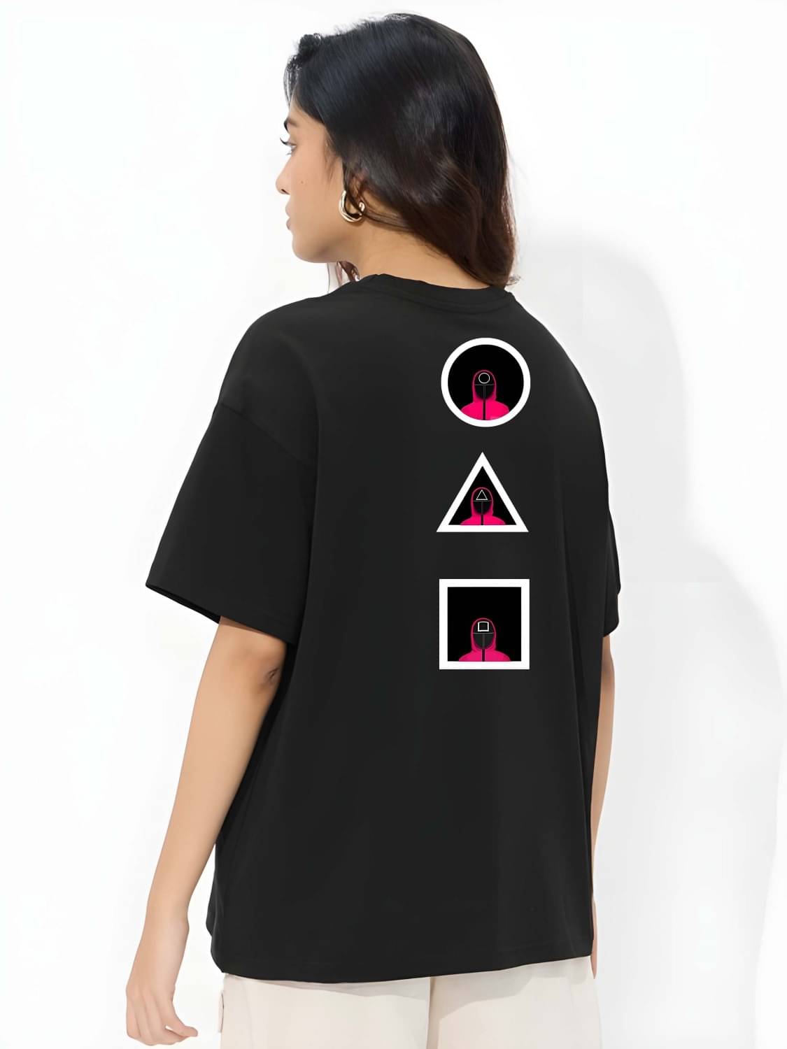    			Kaido Women Cotton Self Design Oversized Fit Round Neck T-Shirt ( Black )