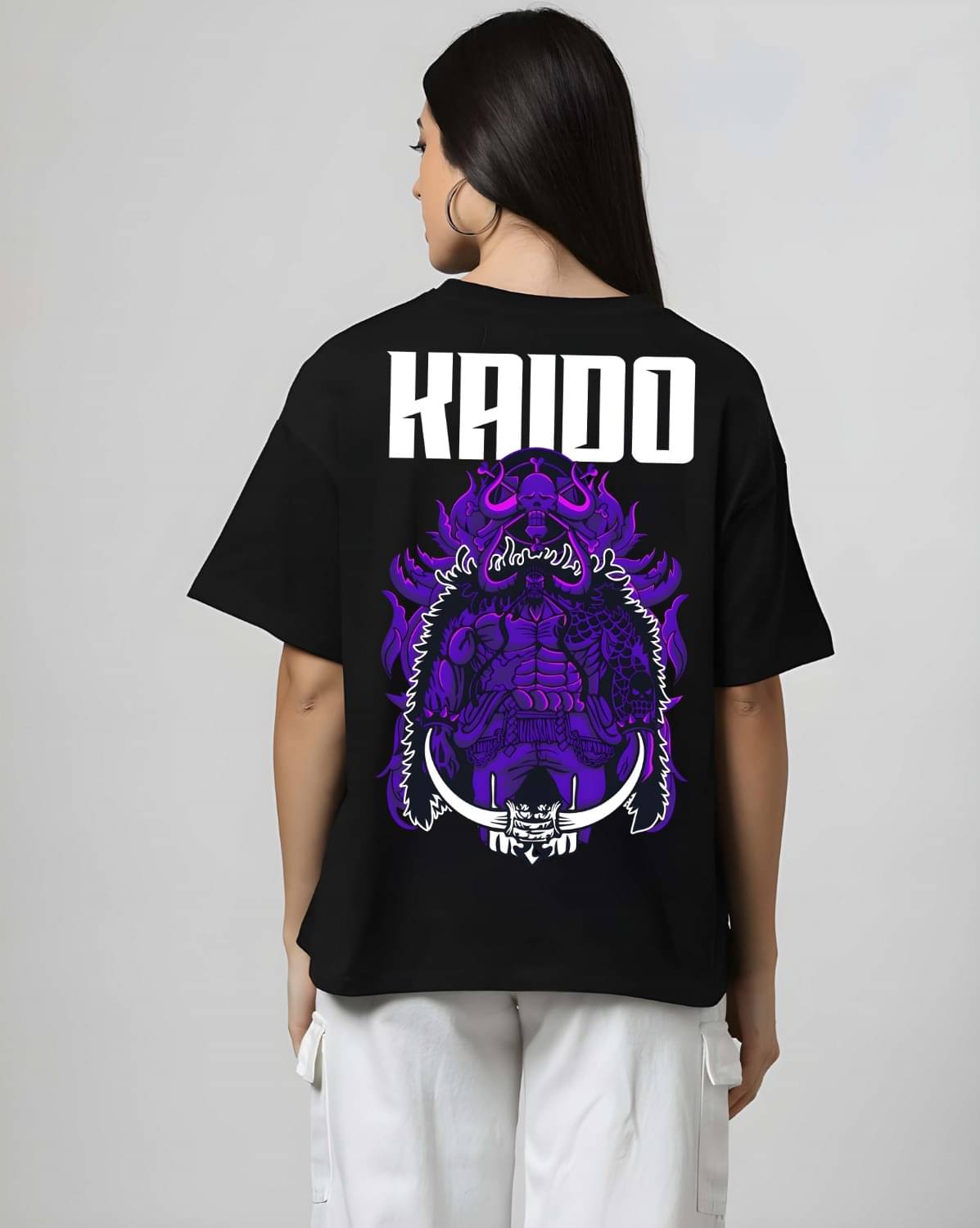 Kaido Women Cotton Self Design Oversized Fit Round Neck T-Shirt ( Black ) Kaido Women Cotton Self Design Oversized Fit Round Neck T-Shirt ( Black )