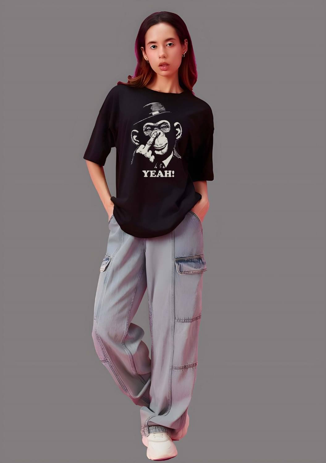 Kaido Women Cotton Self Design Oversized Fit Round Neck T-Shirt ( Black ) Kaido Women Cotton Self Design Oversized Fit Round Neck T-Shirt ( Black )