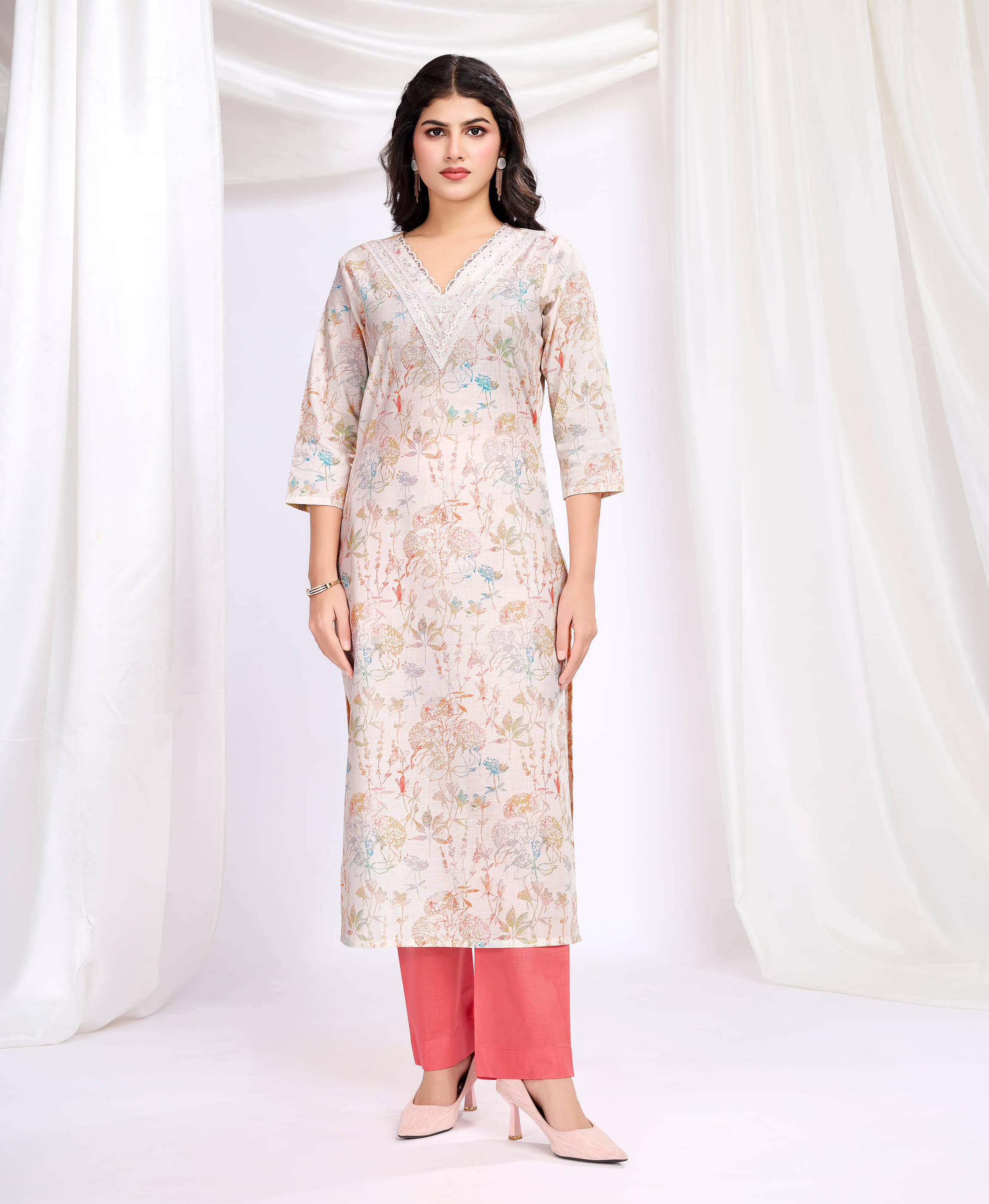 MOJILAA Cotton Printed Kurti With Pants Women's Stitched Salwar Suit - Cream ( Pack of 1 )     			MOJILAA Cotton Printed Kurti With Pants Women's Stitched Salwar Suit - Cream ( Pack of 1 )
