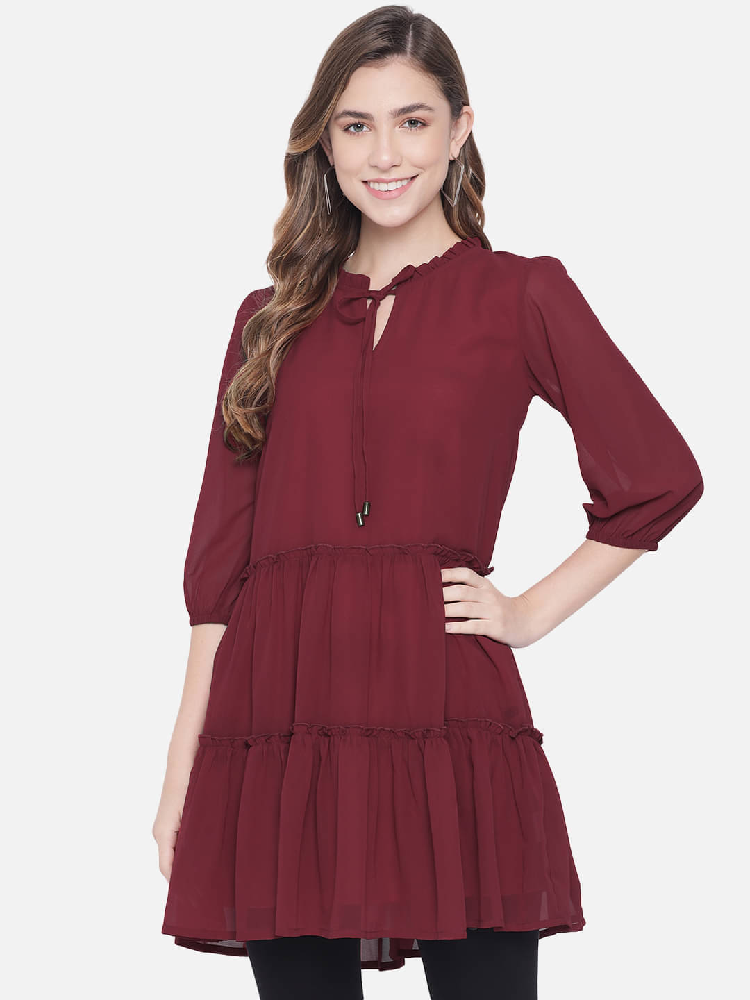 OTIRA Women Crepe Solid A-line Dress ( Maroon )     			OTIRA Women Crepe Solid A-line Dress ( Maroon )
