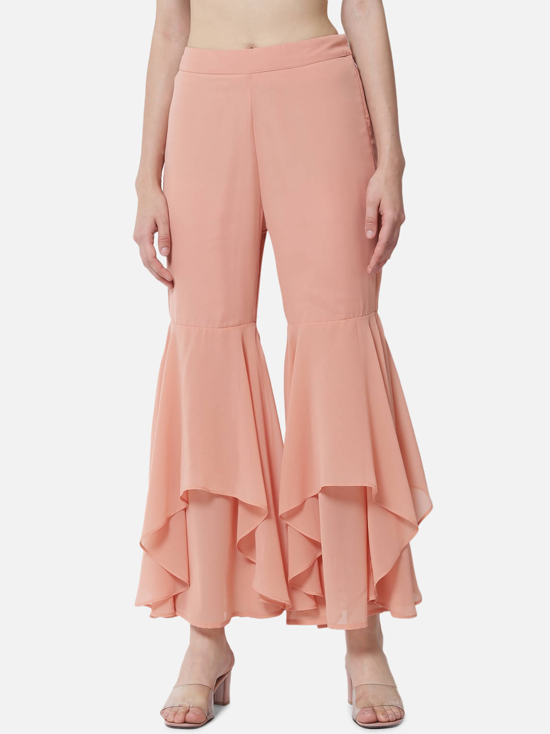 OTIRA Pack of 1 Georgette Flared Women's Ruffled Palazzos ( Pink ) OTIRA Pack of 1 Georgette Flared Women's Ruffled Palazzos ( Pink )