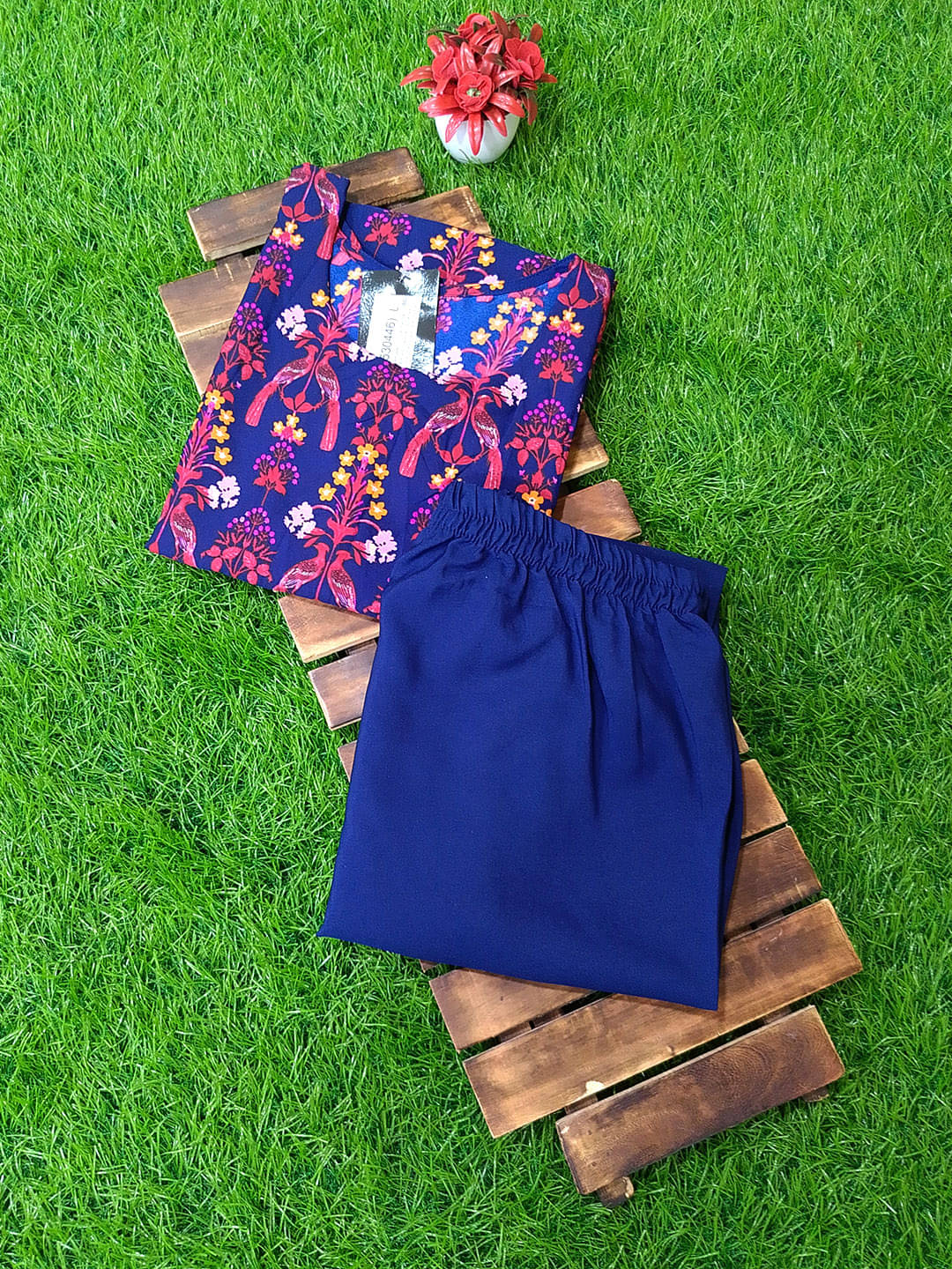     			1 Stop Fashion Crepe Printed Kurti With Pants Women's Stitched Salwar Suit - Navy Blue ( Pack of 1 )