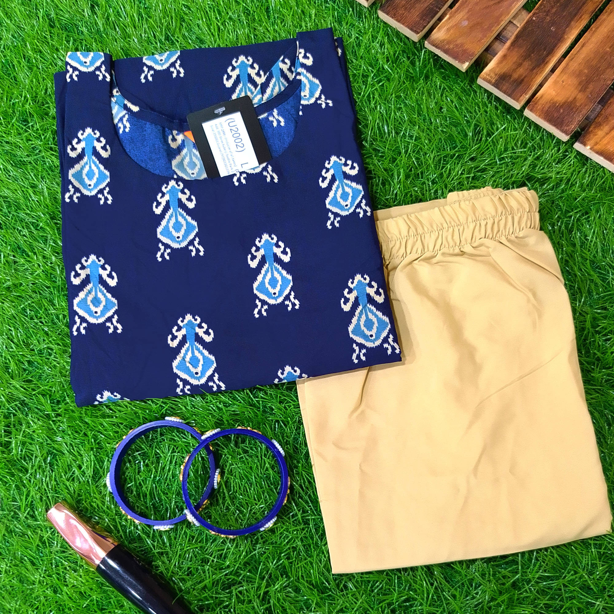     			1 Stop Fashion Crepe Printed Kurti With Pants Women's Stitched Salwar Suit - Navy ( Pack of 1 )