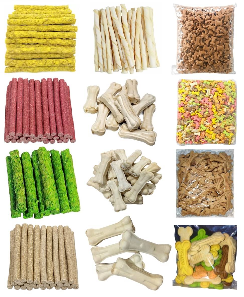     			Dog Food & Treats 12 Mix Combo Pack Each 80Gm 4 Mix Munchy Stick and White Stick with 4 Dog Biscuit Small & Large Size Cocoa & Mix Flavor with Dog Chew Bone 3, 4 & 5 Inch Size