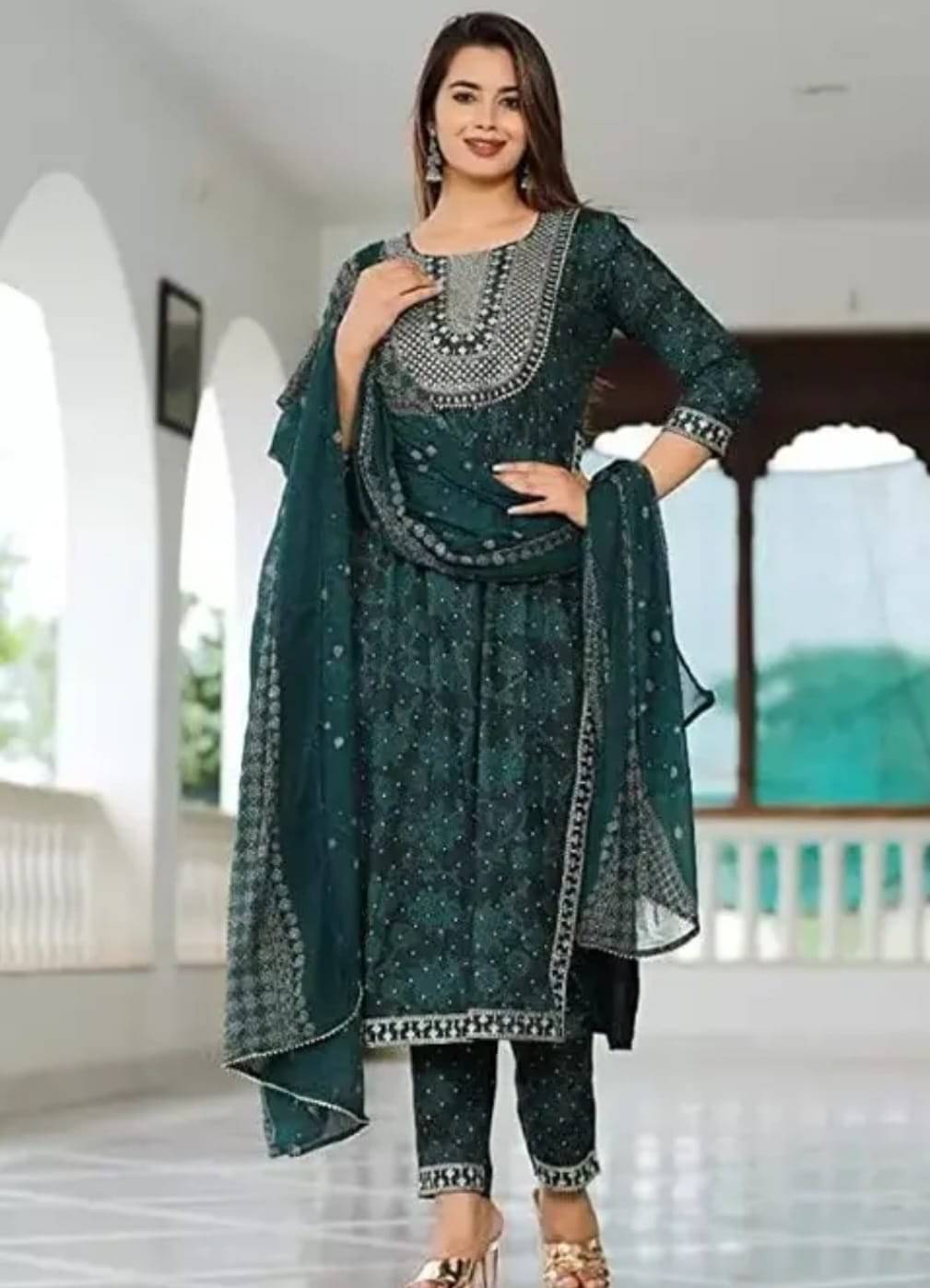     			Fargin Rayon Printed Kurti With Pants Women's Stitched Salwar Suit - Green ( Pack of 1 )