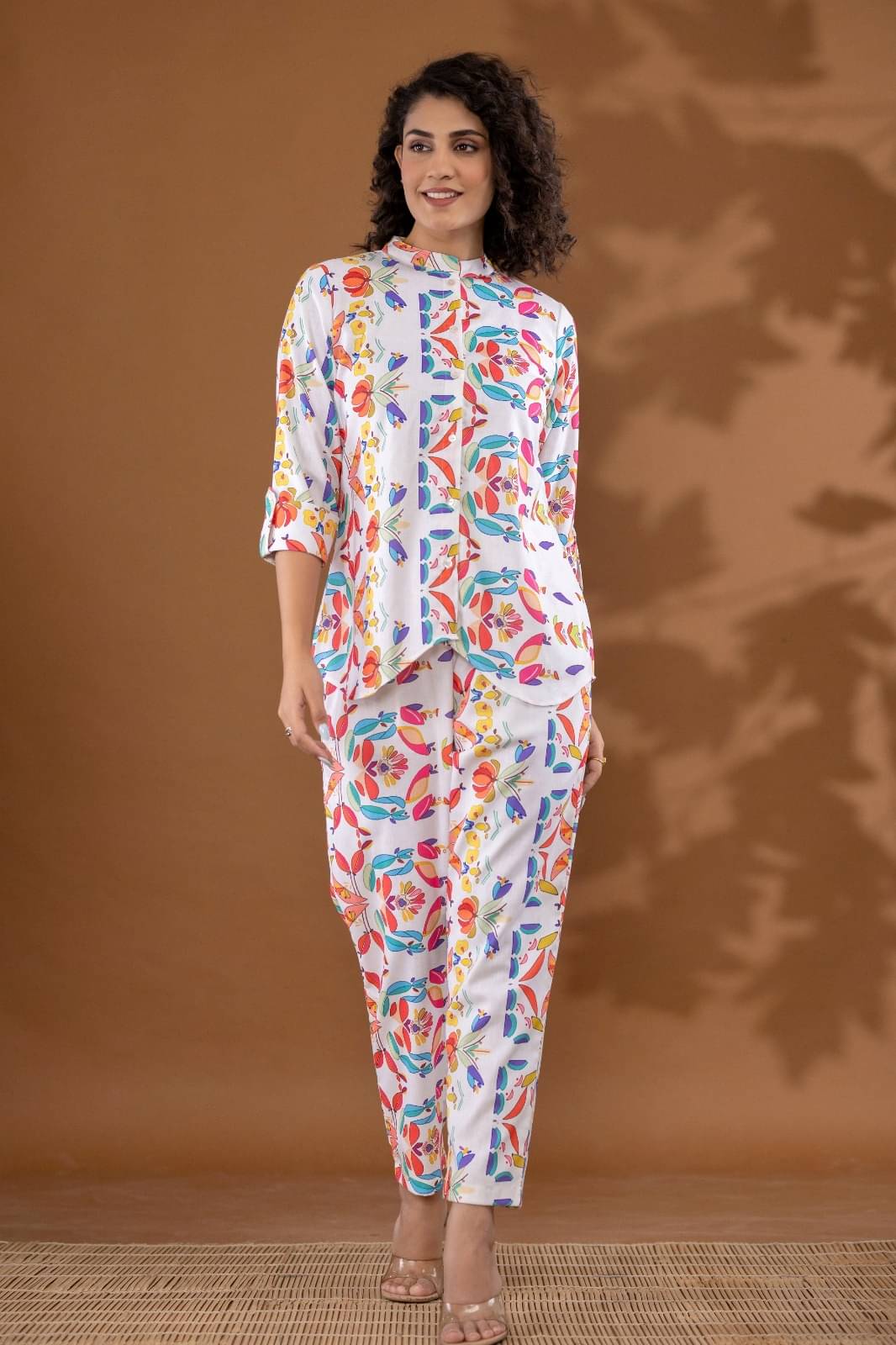     			Flamboyant Women Printed Shirt With Trousers Co-Ord Set ( White )