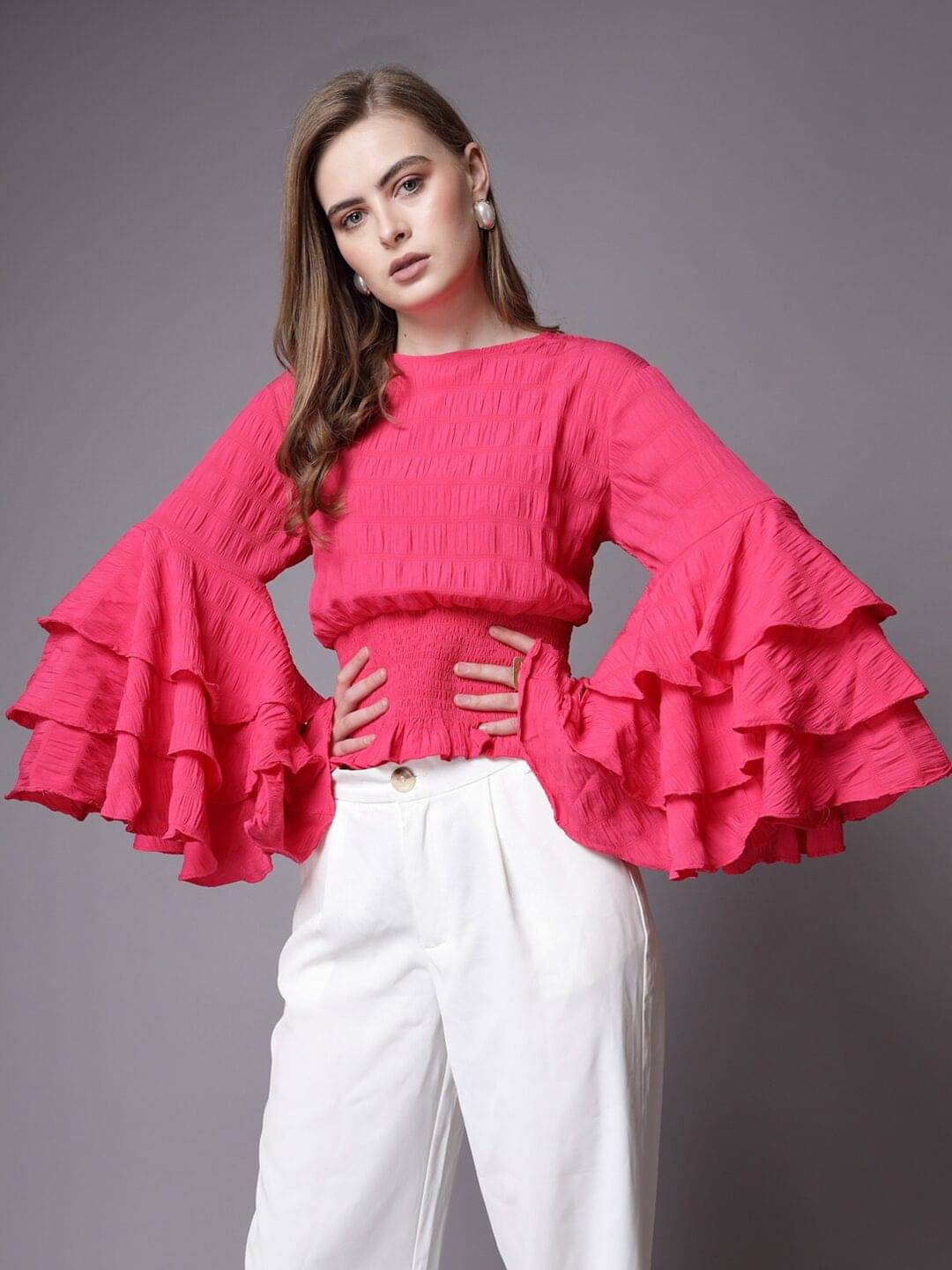 Freehand Women's Polyester Tiered Top ( Pink )     			Freehand Women's Polyester Tiered Top ( Pink )