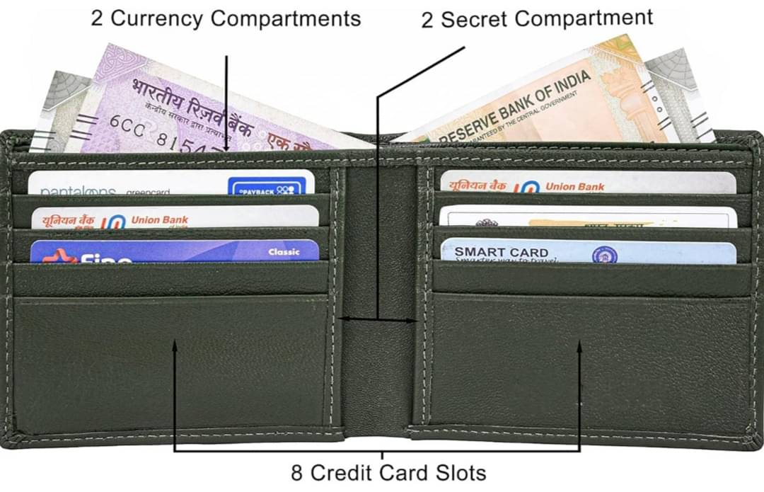     			HIDEFLIX Leather Solid Men's Regular Wallet With 8 Slots For Card ( Green , Pack of 1 )