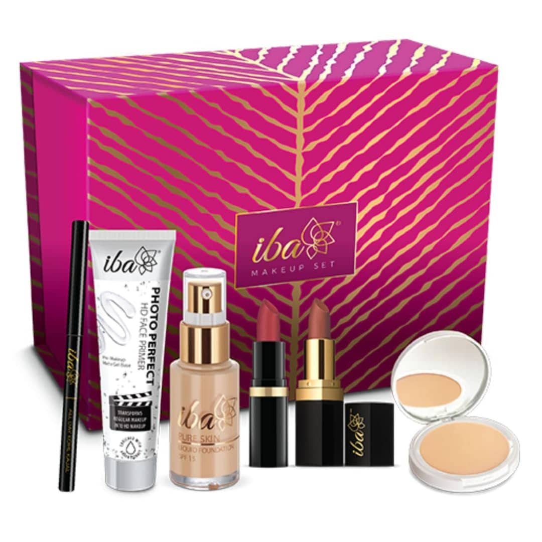 Iba Makeup Gift Set Medium Foundation, Compact, Primer, Lipsticks, Kajal, (Pack of 1)