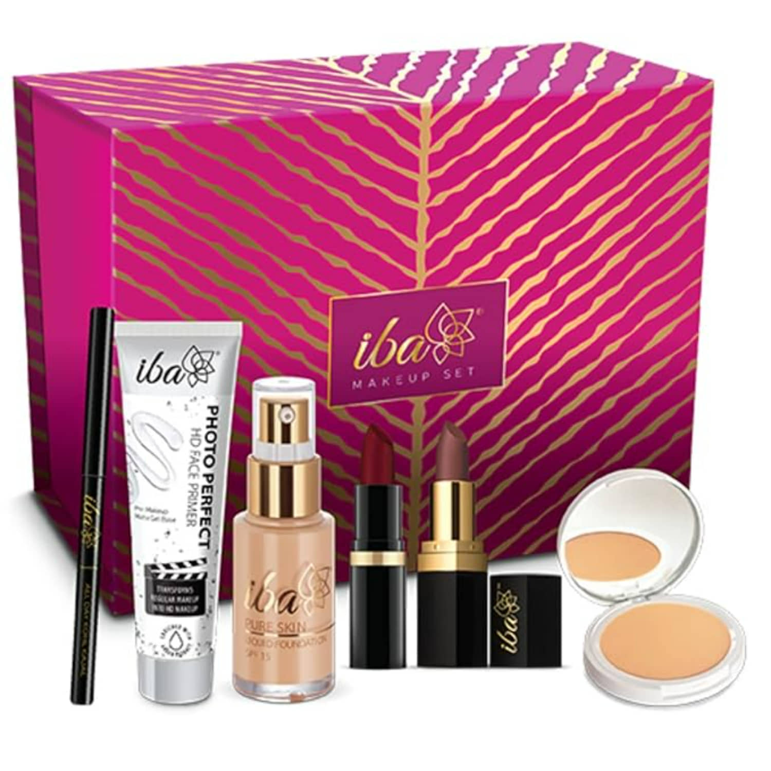 Iba Makeup Gift Set Dusky Foundation, Compact, Primer, Lipsticks, Kajal, (Pack of 1)