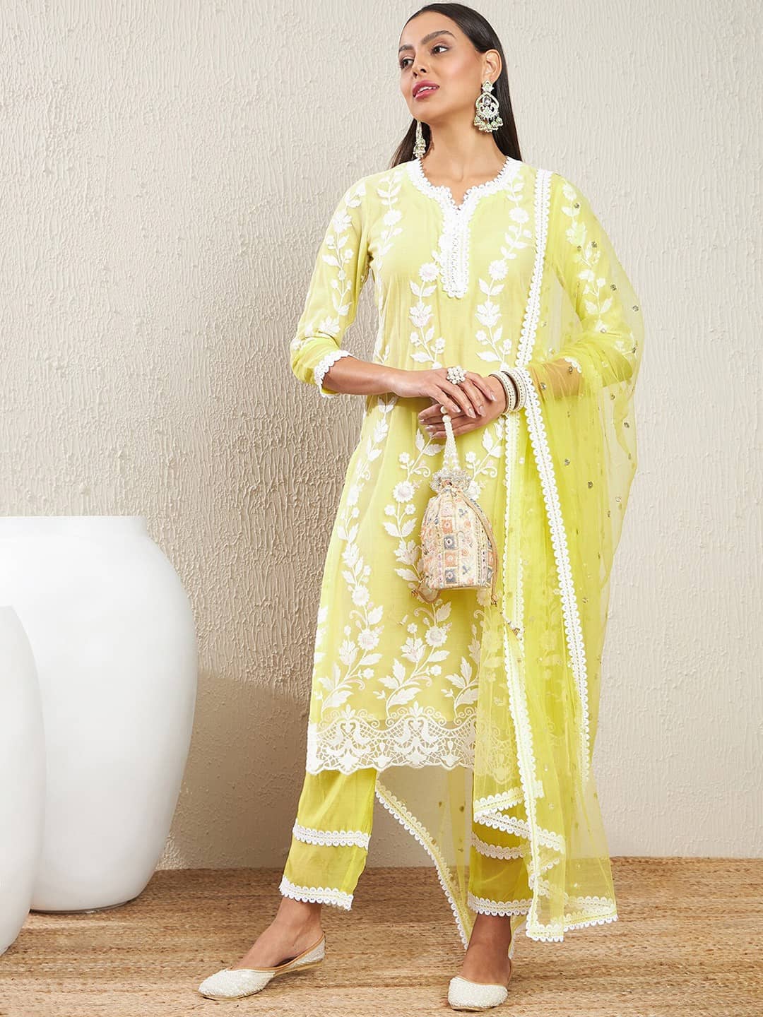PURVAIYA CREATION Net Embroidered Kurti With Pants Women's Stitched Salwar Suit - Yellow ( Pack of 1 )