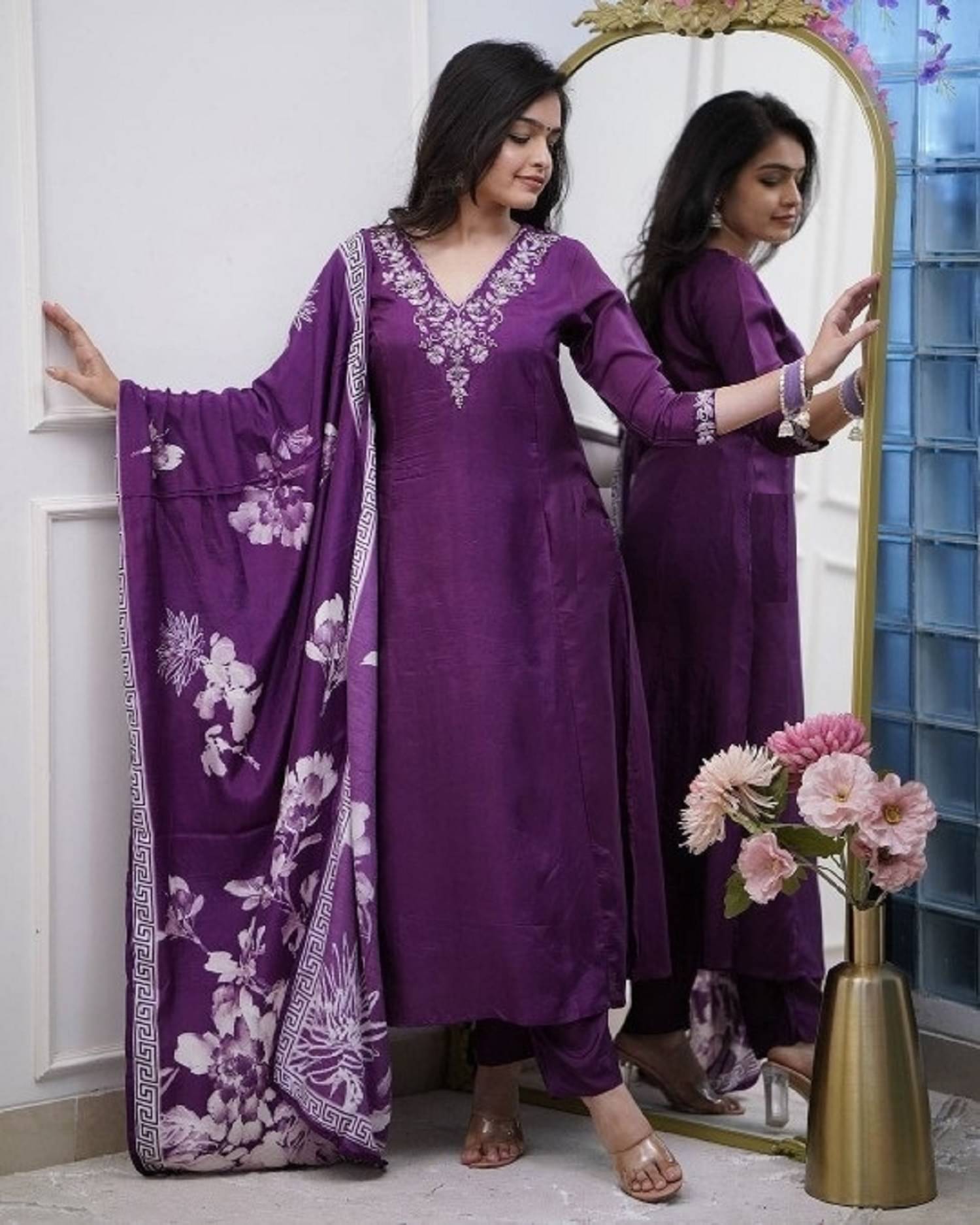     			PURVAIYA CREATION Silk Blend Embroidered Kurti With Pants Women's Stitched Salwar Suit - Wine ( Pack of 1 )