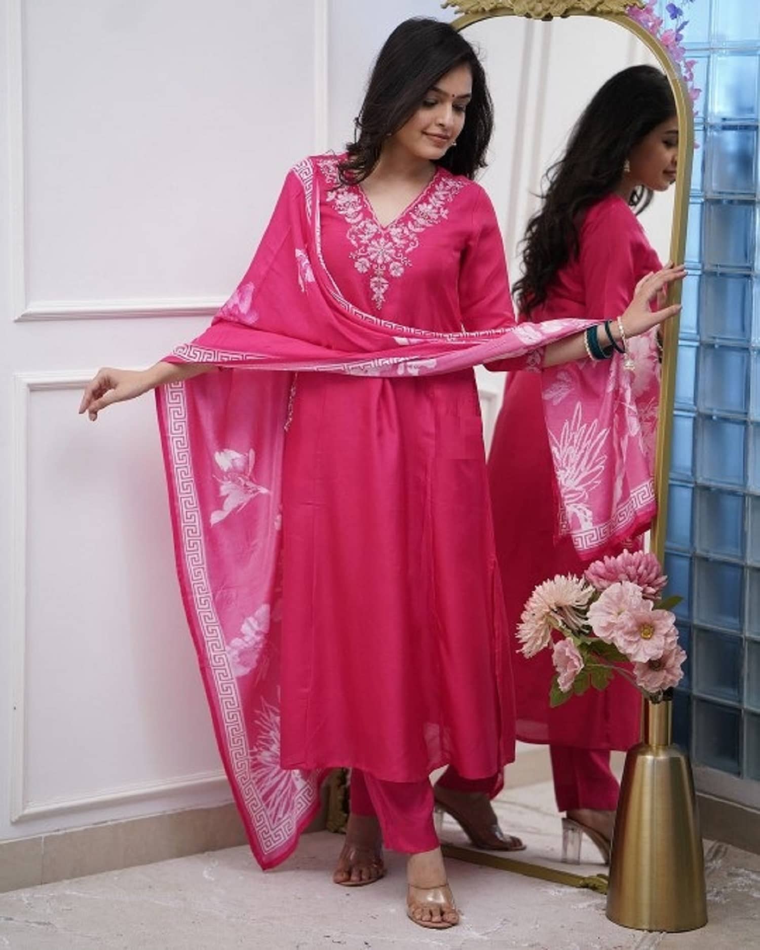 PURVAIYA CREATION Silk Blend Embroidered Kurti With Pants Women's Stitched Salwar Suit - Pink ( Pack of 1 )