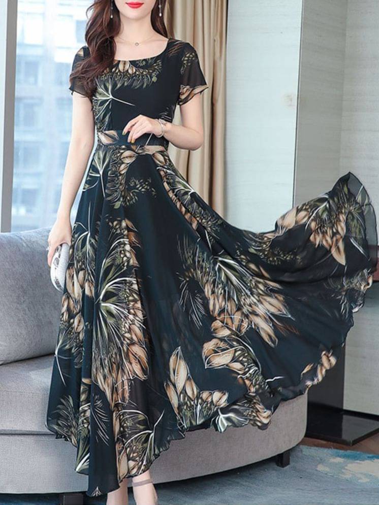 REAL STYLE Women Georgette Printed Fit & Flare Dress ( Brown ) REAL STYLE Women Georgette Printed Fit & Flare Dress ( Brown )