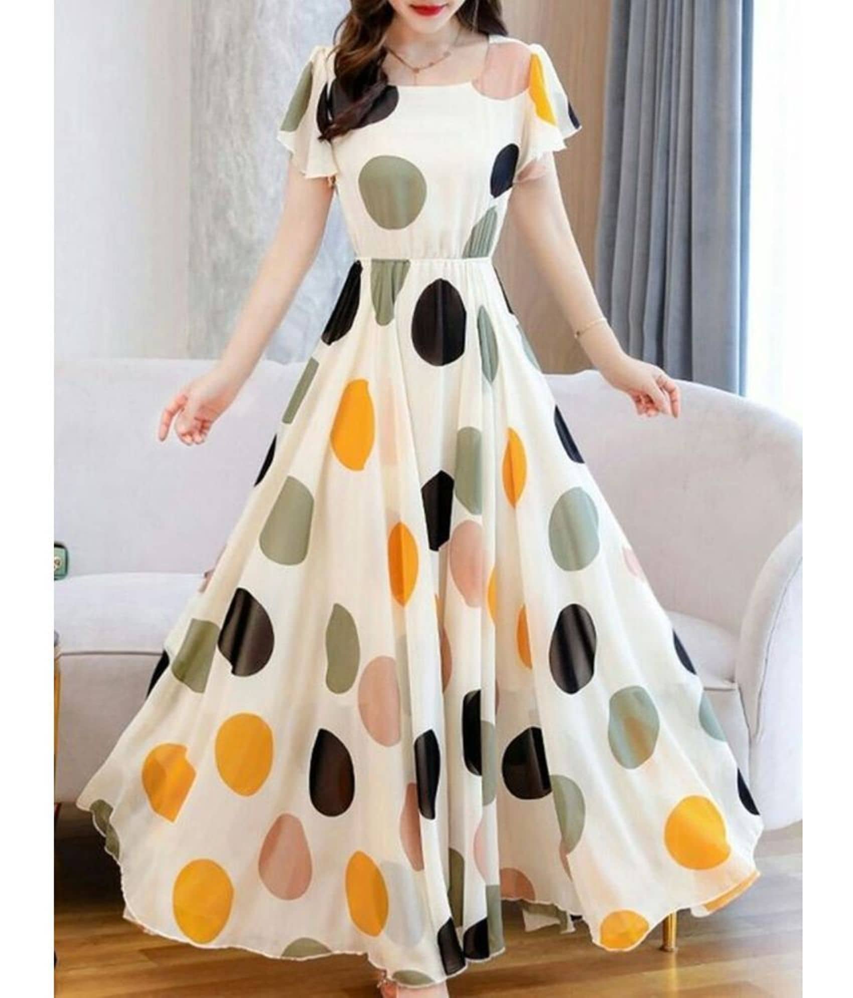 REAL STYLE Women Georgette Printed Fit & Flare Dress ( White )