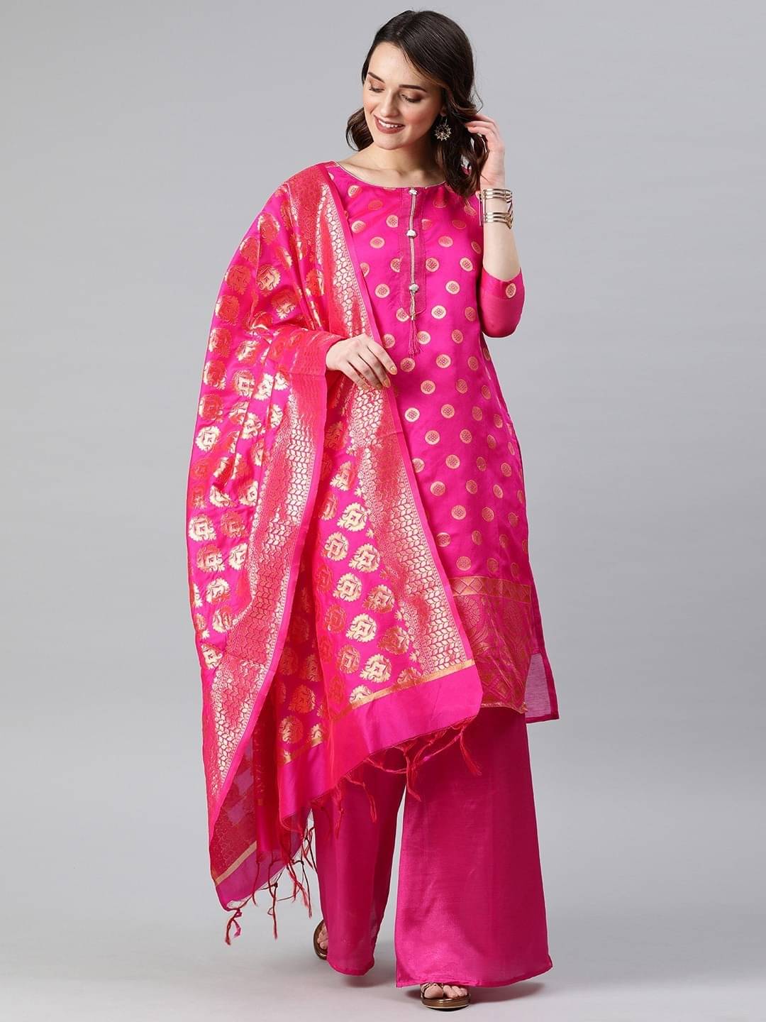     			Rajnandini Unstitched Cotton Blend Embroidered Dress Material - Pink ( Pack of 1 )