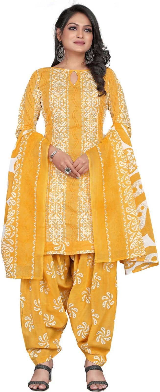 Rajnandini Unstitched Cotton Blend Printed Dress Material - Yellow ( Pack of 1 ) - Unstitched Fabrics | Buy online on ZillyBuy