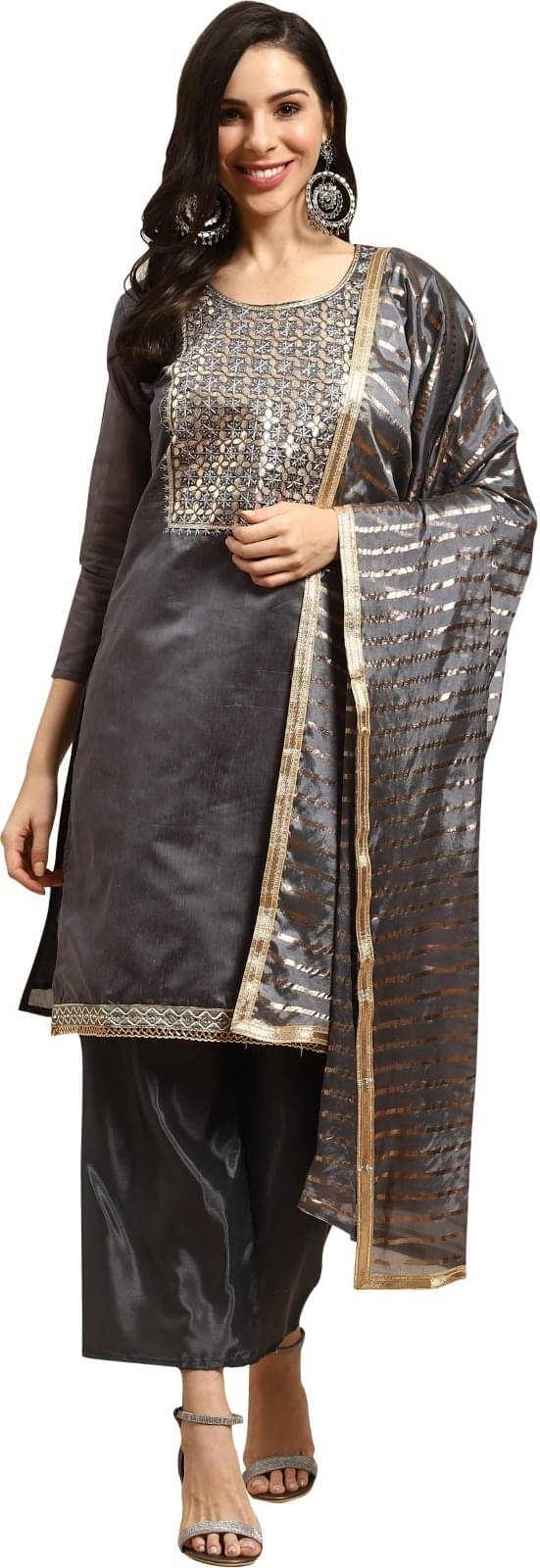Rajnandini Unstitched Silk Blend Embellished Dress Material - Grey ( Pack of 1 )     			Rajnandini Unstitched Silk Blend Embellished Dress Material - Grey ( Pack of 1 )
