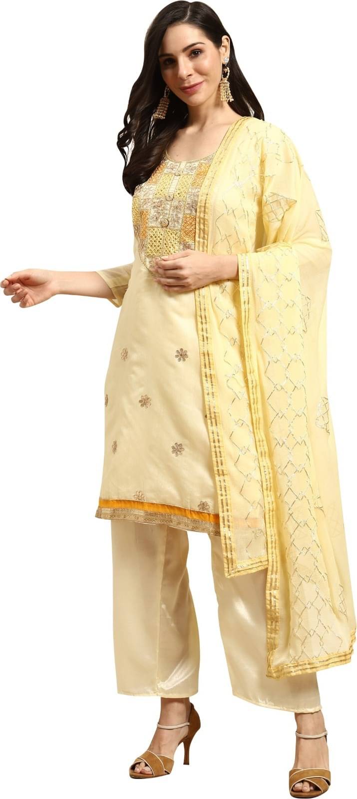 Rajnandini Unstitched Silk Blend Embellished Dress Material - Yellow ( Pack of 1 ) Rajnandini Unstitched Silk Blend Embellished Dress Material - Yellow ( Pack of 1 )
