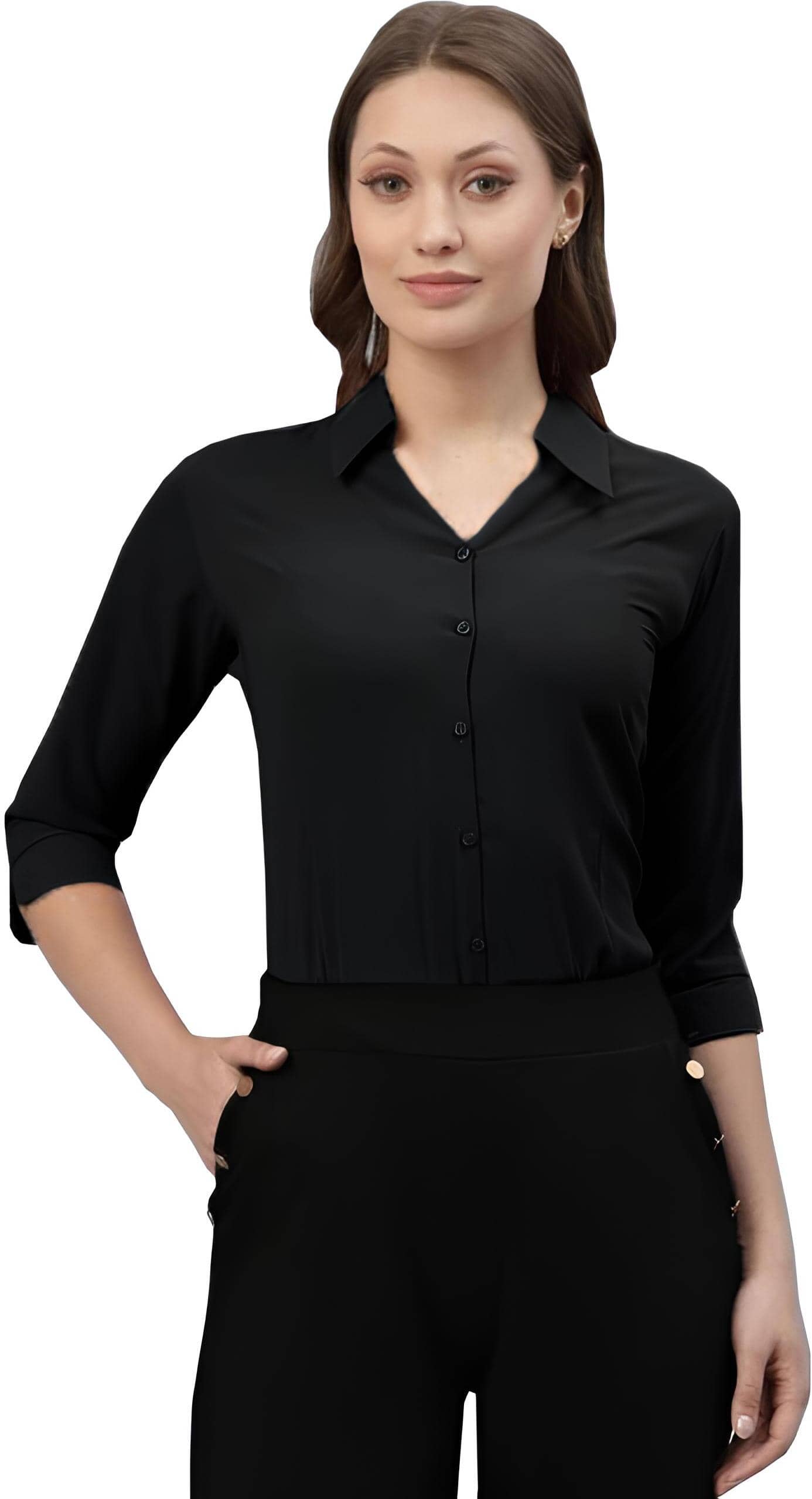 Reoutlook Women Solid Polyester Shirt ( Black )