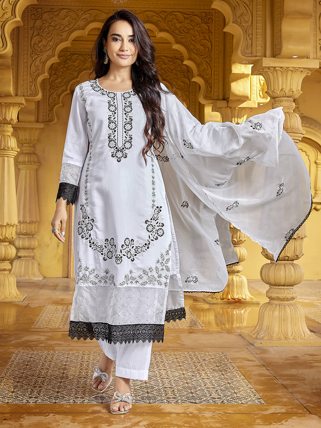     			Royal Export Chanderi Embroidered Kurti With Pants Women's Stitched Salwar Suit - White ( Pack of 1 )