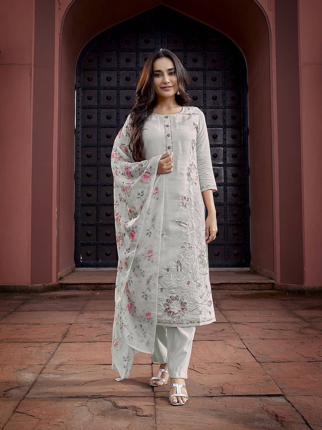 Royal Export Chanderi Embroidered Kurti With Pants Women's Stitched Salwar Suit - Purple ( Pack of 1 )