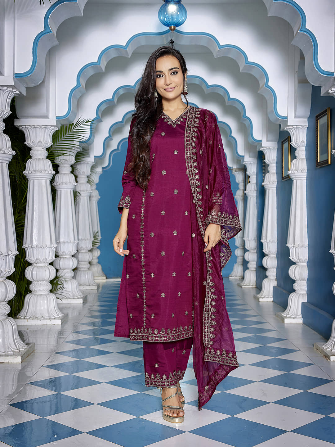 Royal Export Chanderi Embroidered Kurti With Palazzo Women's Stitched Salwar Suit - Purple ( Pack of 1 )