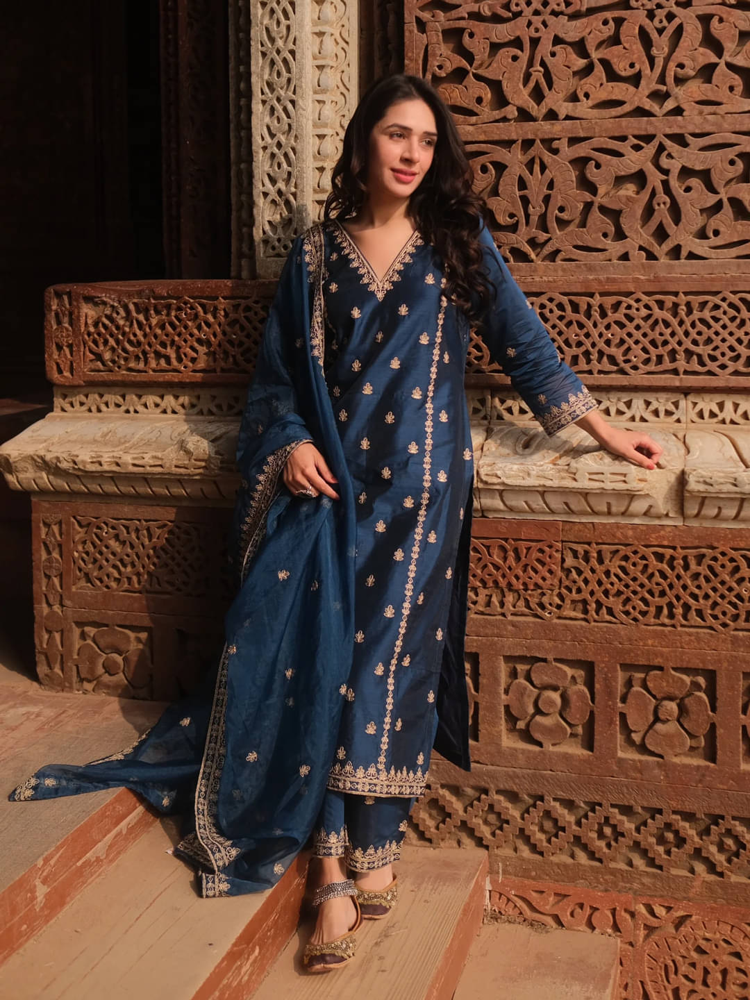 Royal Export Chanderi Embroidered Kurti With Palazzo Women's Stitched Salwar Suit - Dark Blue ( Pack of 1 ) Royal Export Chanderi Embroidered Kurti With Palazzo Women's Stitched Salwar Suit - Dark Blue ( Pack of 1 )