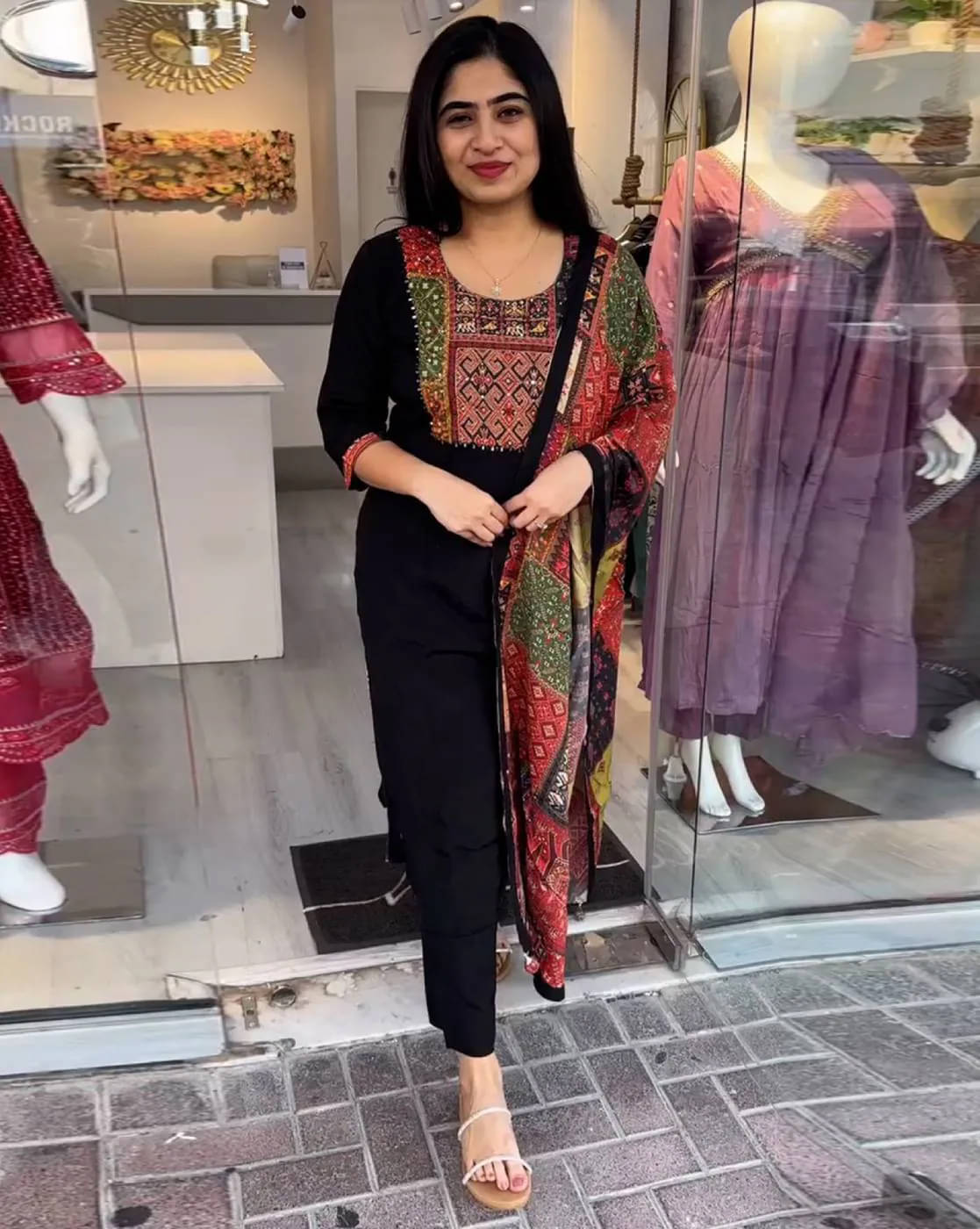     			Royal Export Chanderi Printed Kurti With Pants Women's Stitched Salwar Suit - Black ( Pack of 1 )
