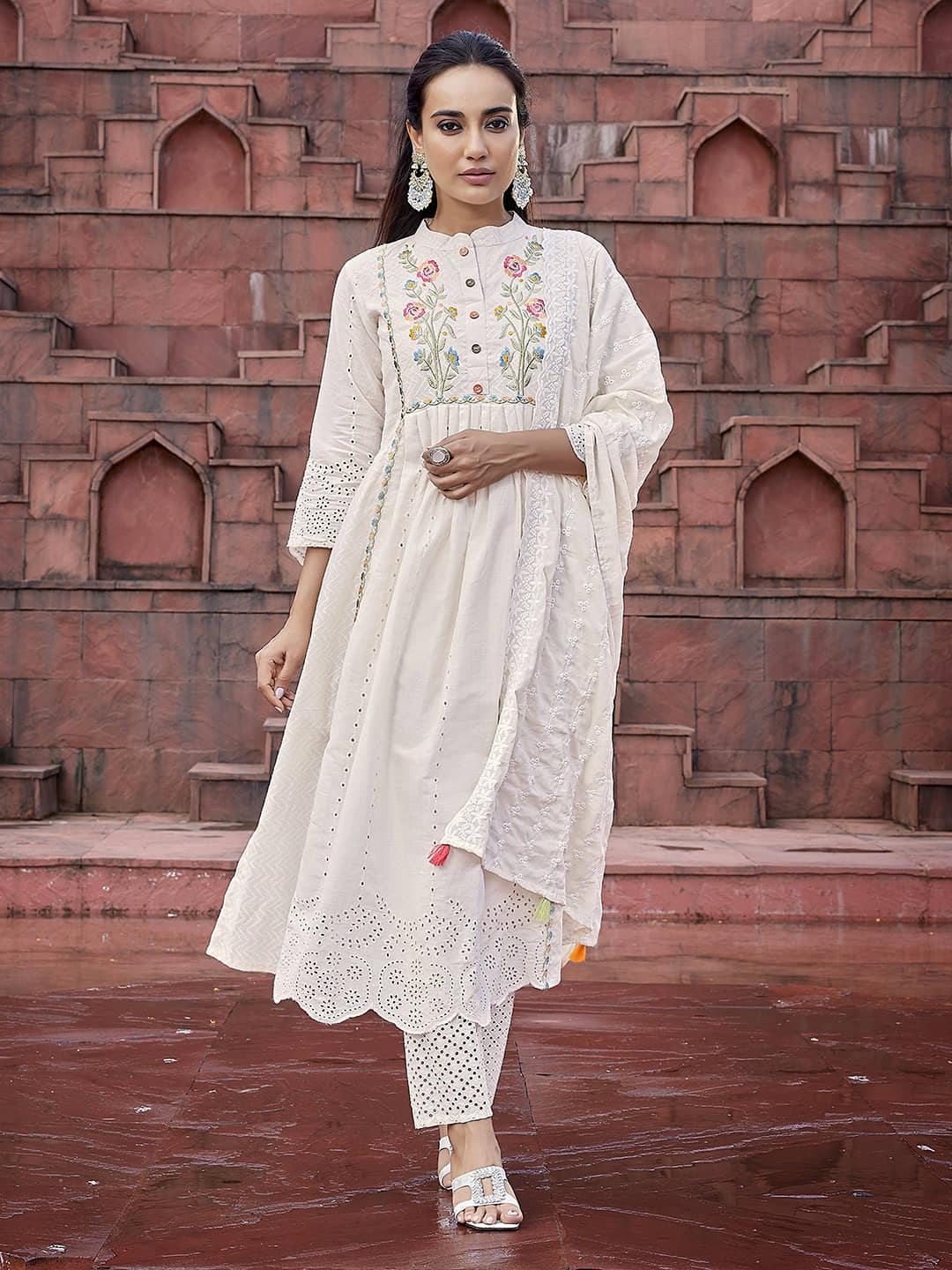Royal Export Cotton Blend Embroidered Kurti With Pants Women's Stitched Salwar Suit - Beige ( Pack of 1 )